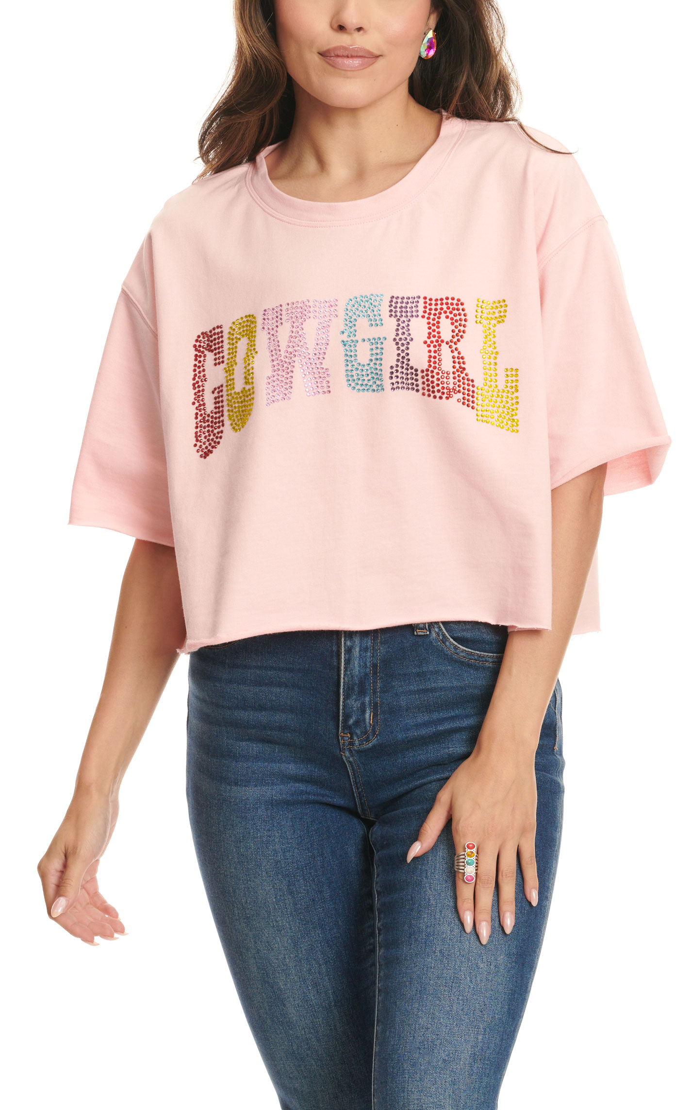 Peach Love California Women's Pink with Colorful Bling Crystal Cowgirl Short Sleeve Cut-Off T-Shirt - Image 1