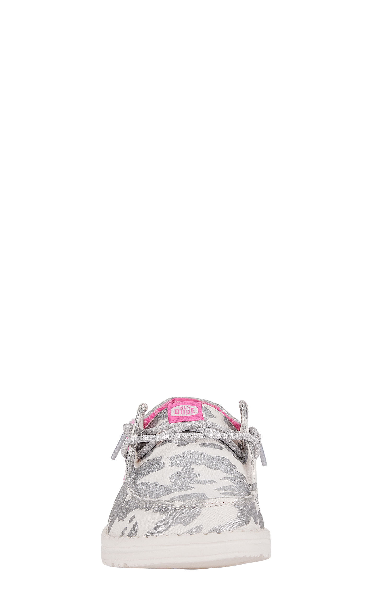 Hey Dude Women’s Wendy Funk Cow White, Silver and Pink Casual Shoes - Image 1