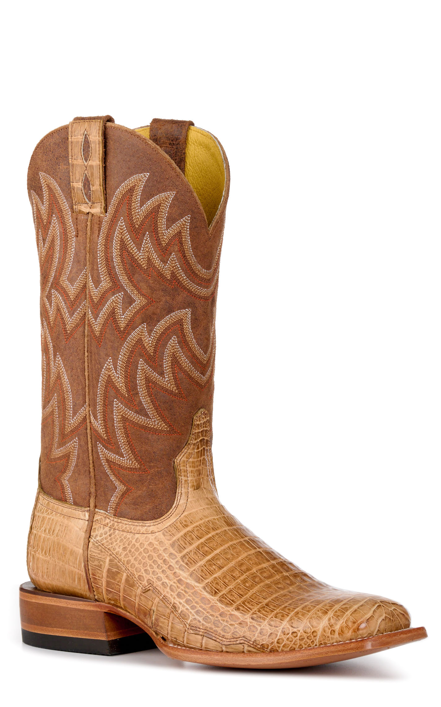 Cavender's Men's Brown and Saddle Caiman Belly Wide Square Toe Exotic Cowboy Boots - Image 1