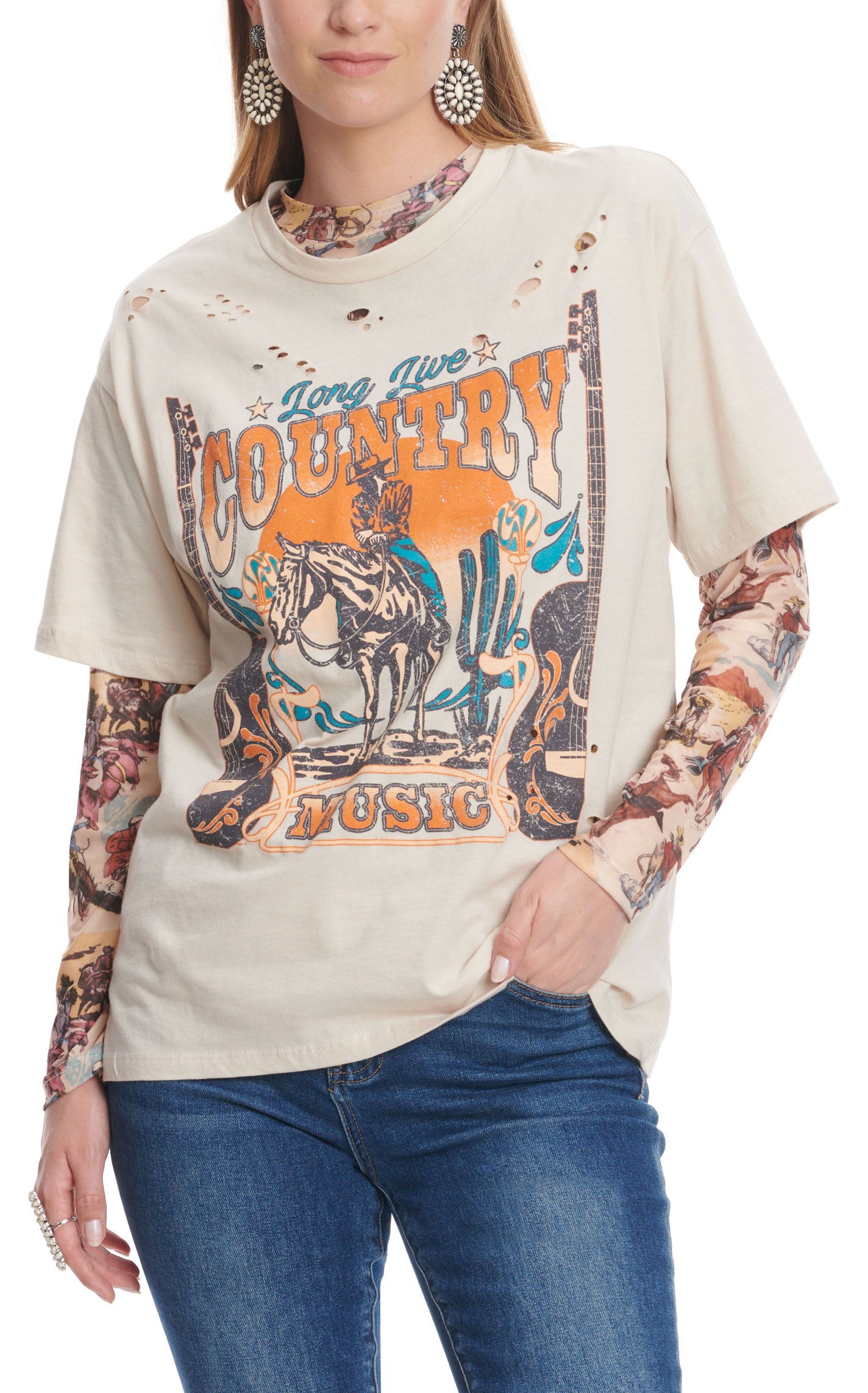 Turquoise Haven Women's Sand Western Print Fine Mesh Top - Image 1