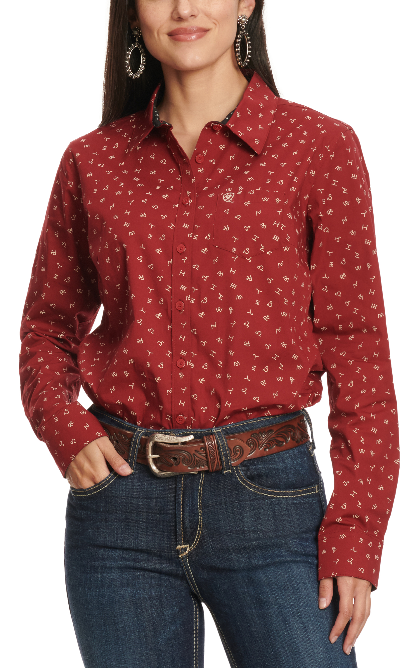 Ariat Women's Red & Khaki Cattle Brand Print Western Shirt - Image 1