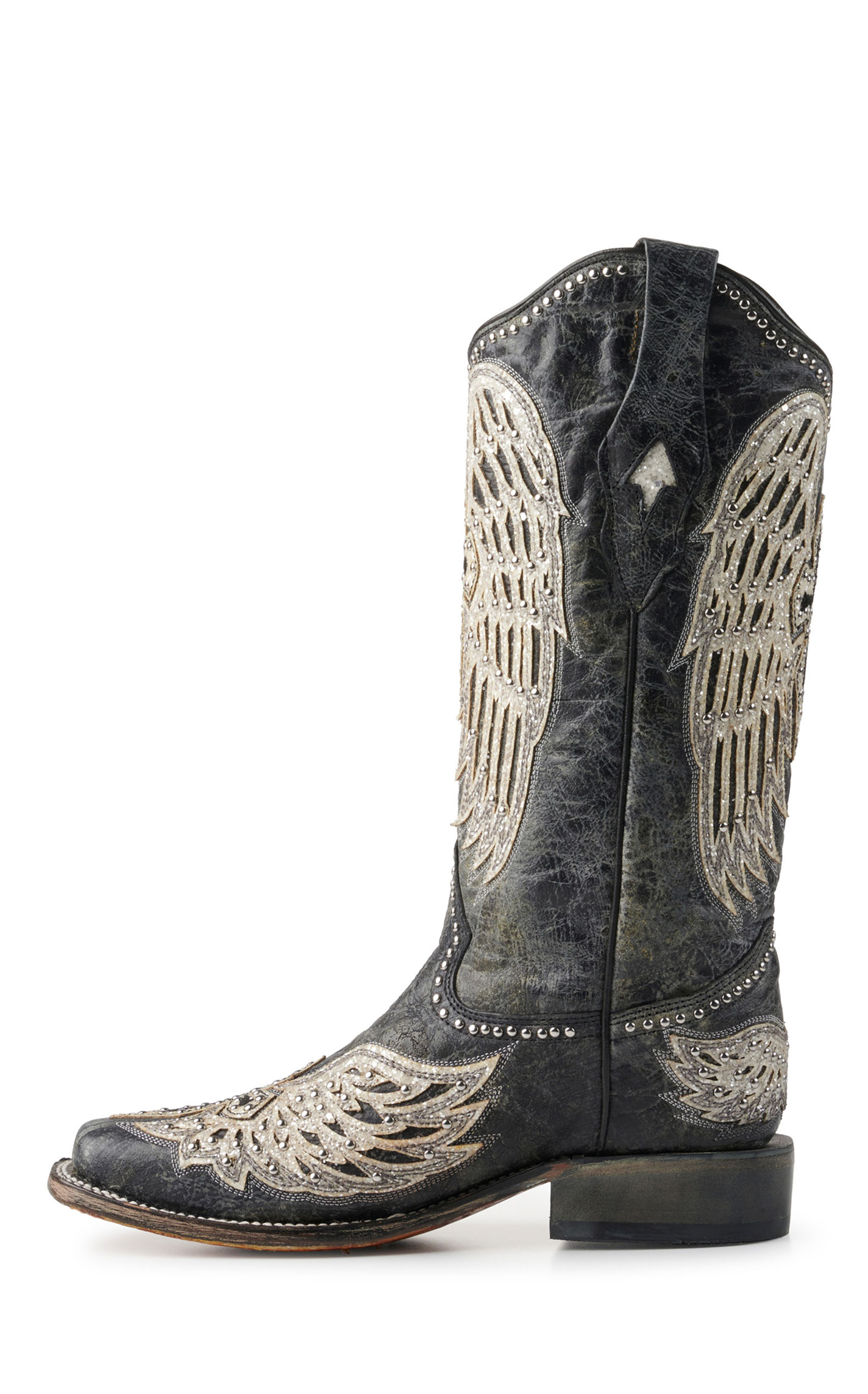 Corral Women's Distressed Black with Cross & Wings Square Toe Cowboy Boots - Image 1