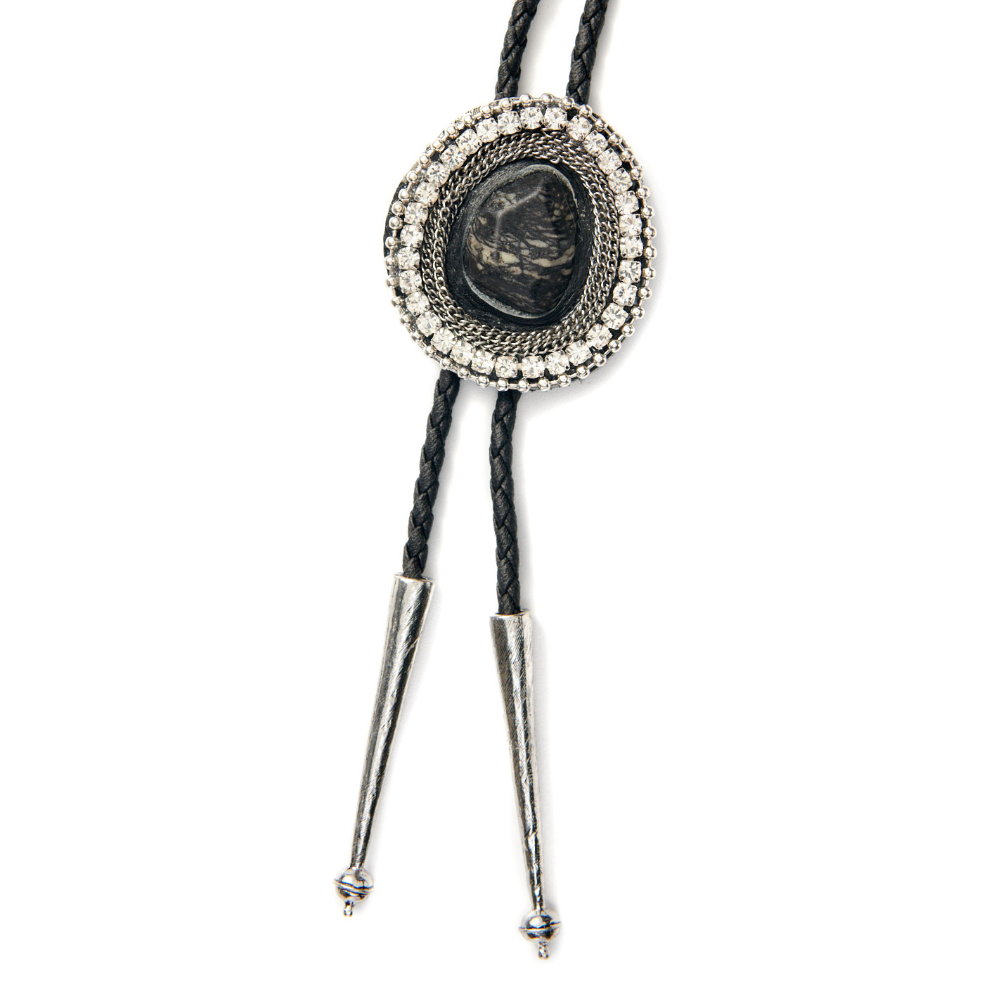 AndWest Antiqued Silver Black Stone & Rope Bolo Tie - Image 1