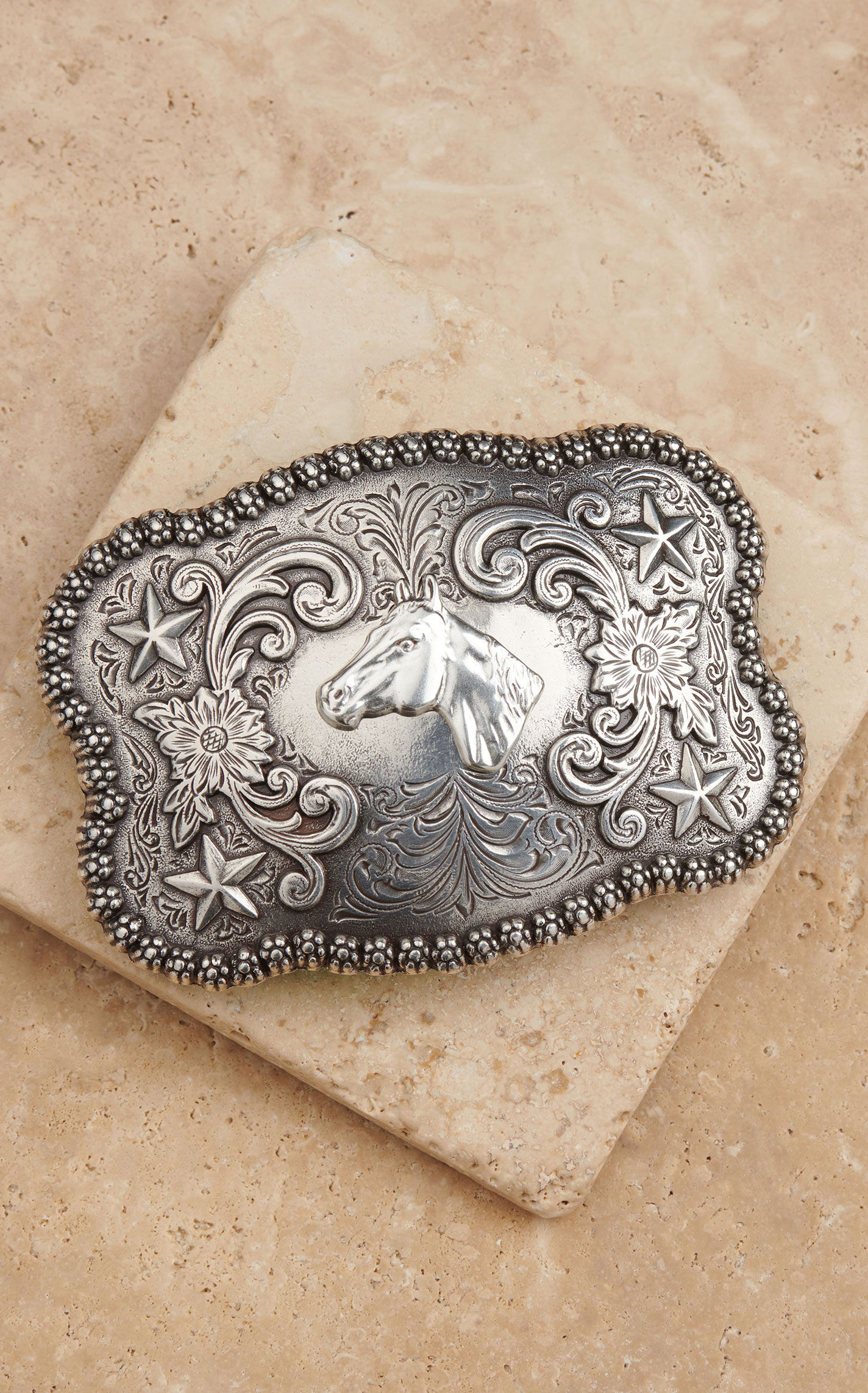 Nocona Antiqued Silver with Horsehead Berry Edge Scallop Rectangle Belt Buckle - Image 1