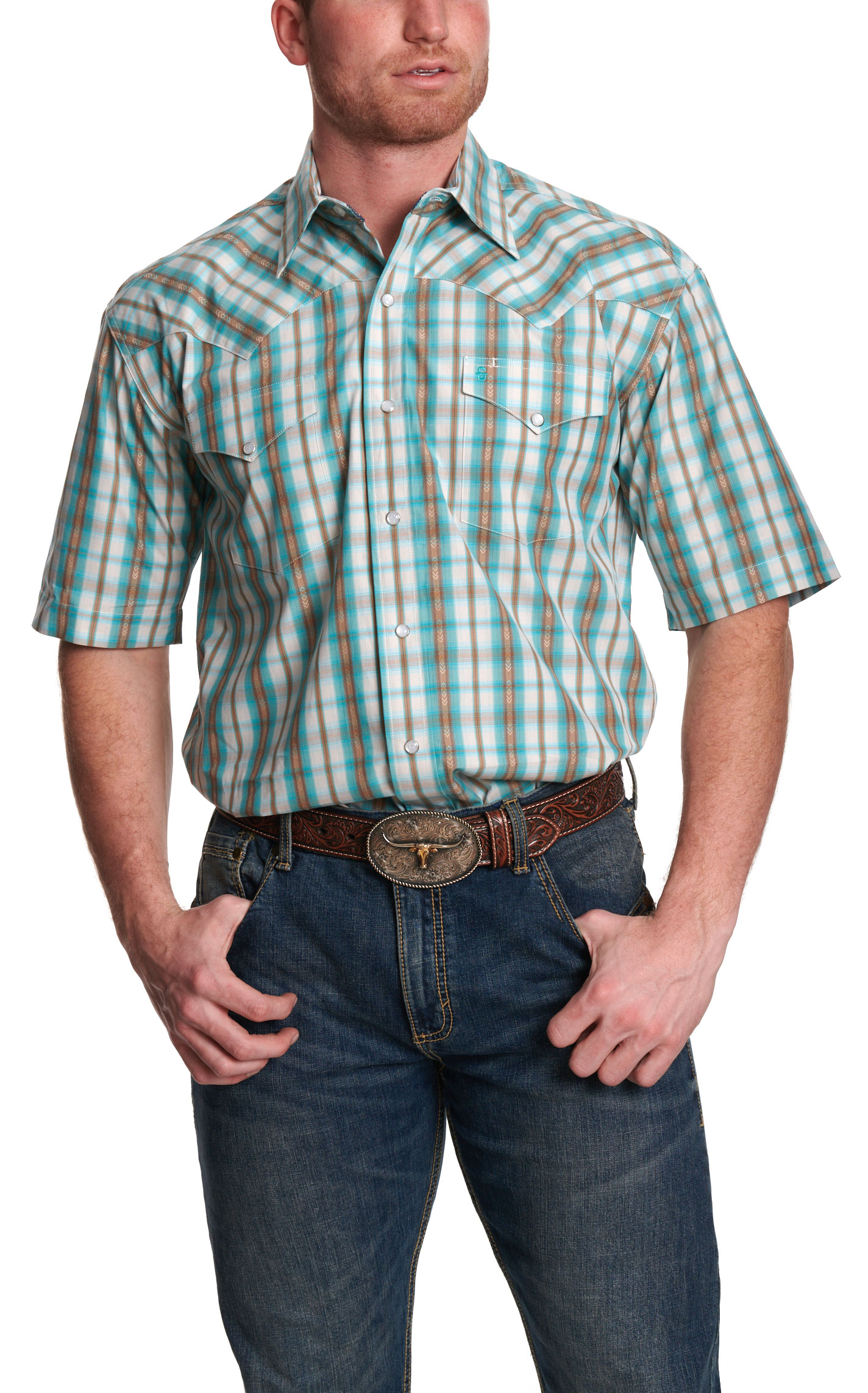 Stetson Men's Blue & Green Plaid Western Short Sleeve Shirt - Image 1