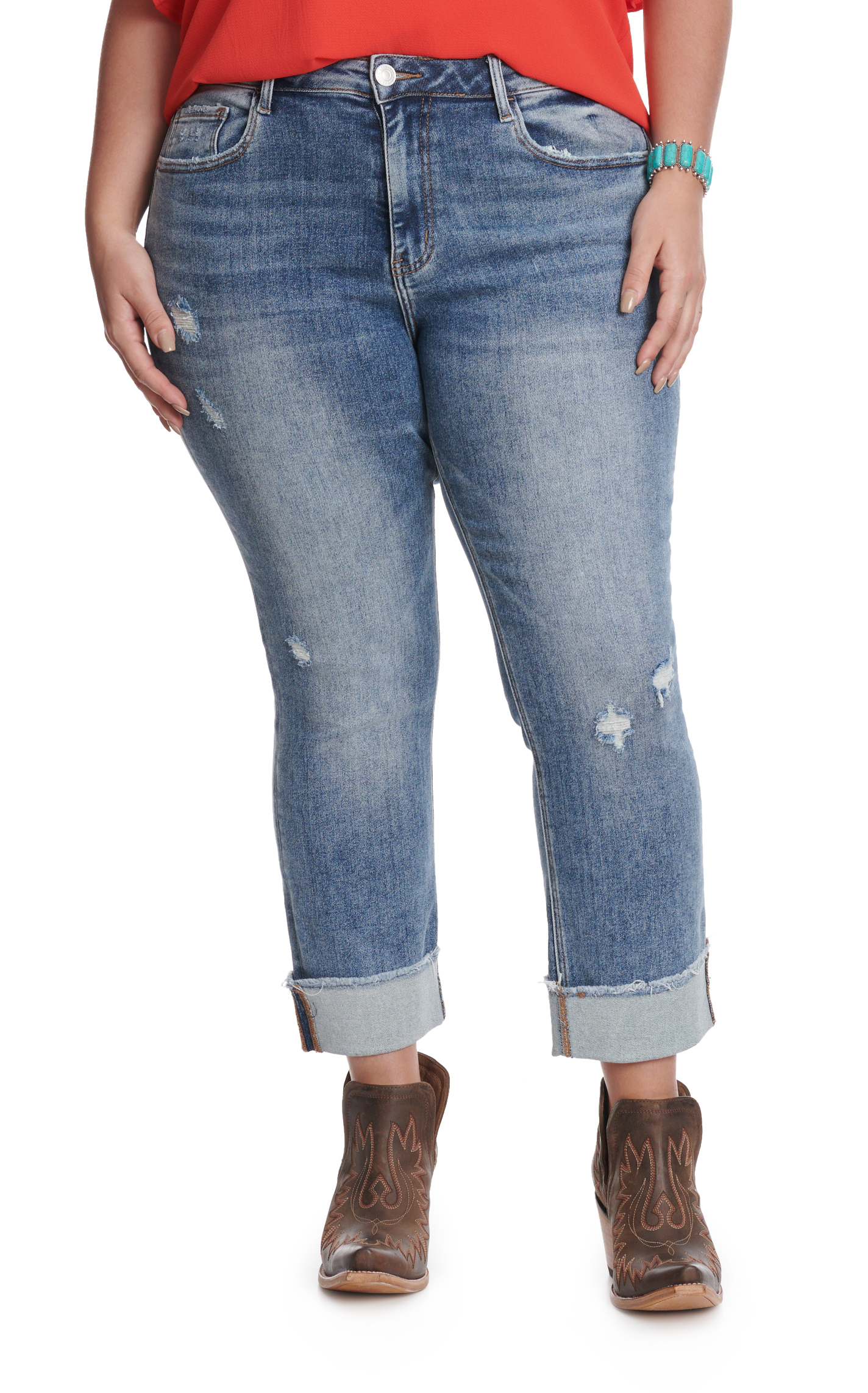 Lovervet by Vervet Women's Light Wash Distressed Wide Cuffed Jeans - Plus Sizes - Image 1