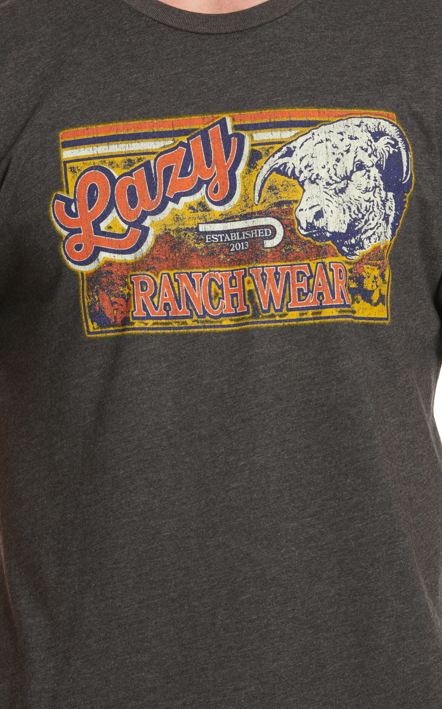 Lazy J Men's Charcoal Retro Bull Logo Graphic T-Shirt - Image 1