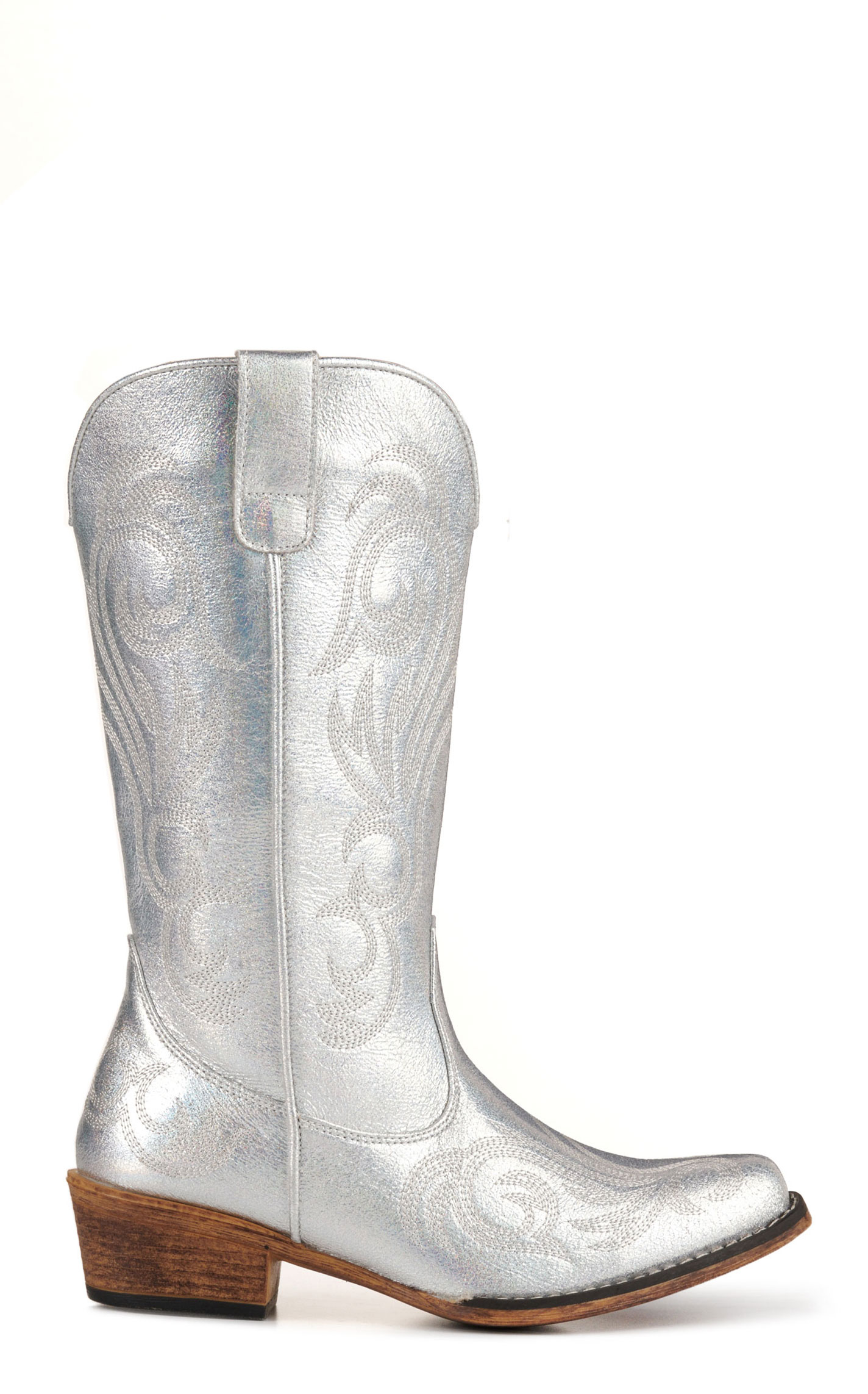 Roper Women's Metallic Silver Faux Leather with White Stitching Snip Toe Cowboy Boots - Image 1