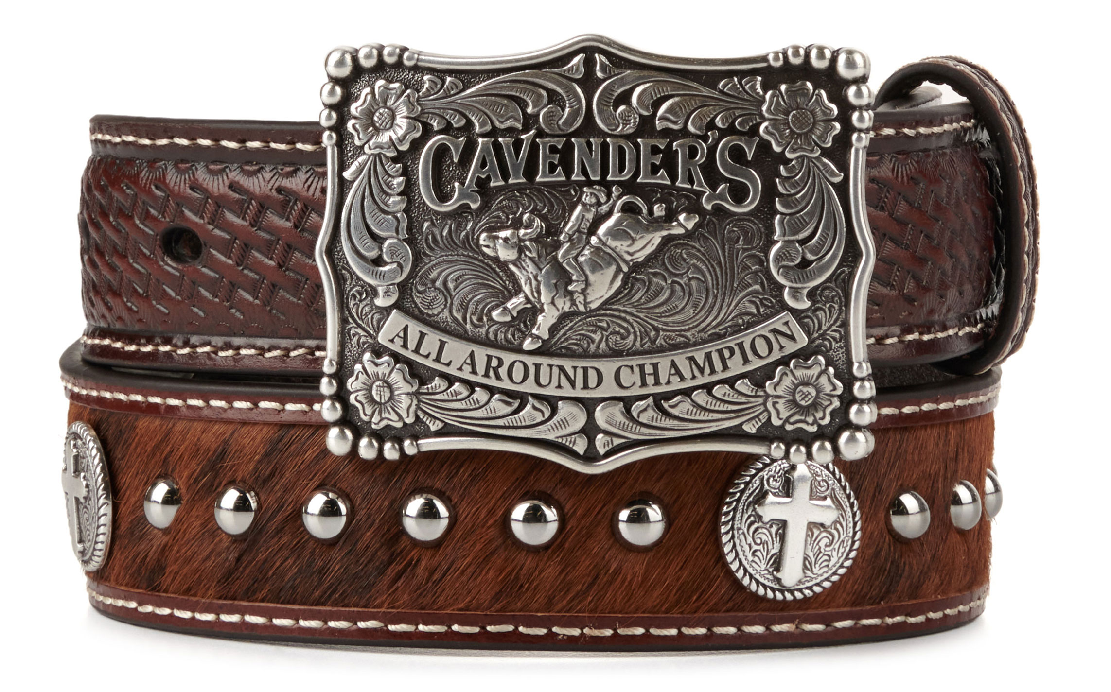 Cavender's Kid's Leather Hair on Hide Basketweave Overlay Silver Cross Champion Buckle on Western Belt - Image 1