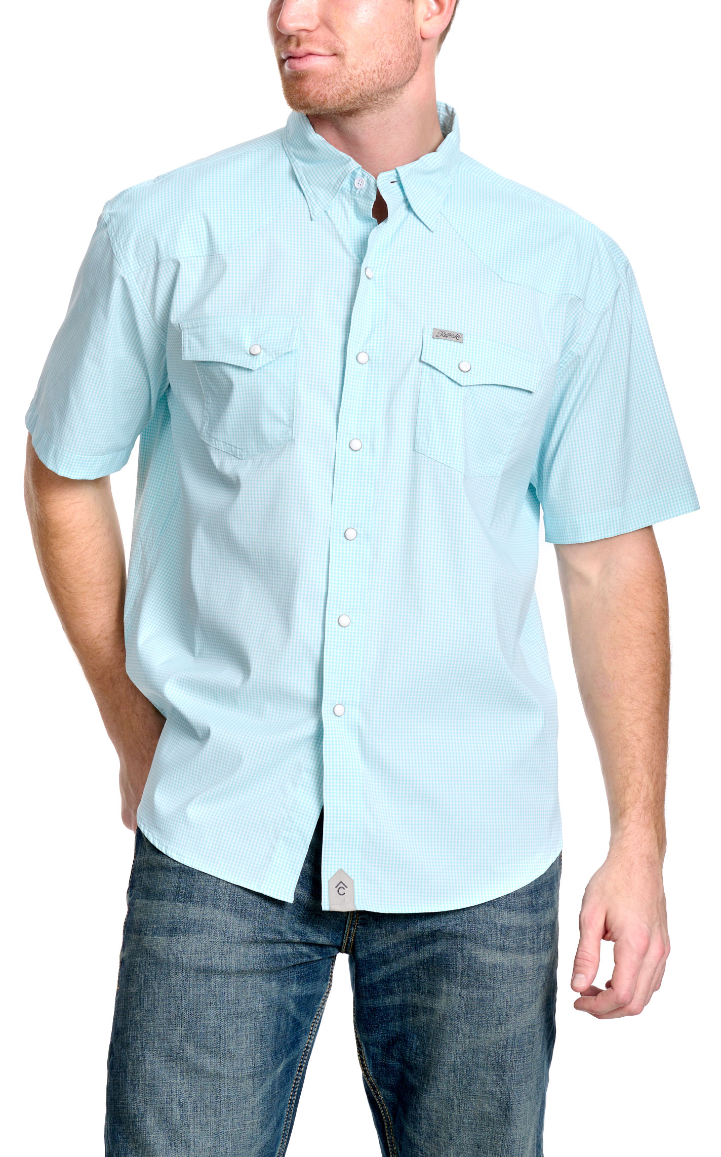Rafter C Outdoors Men's Turquoise Gingham Fishing Shirt - Image 1