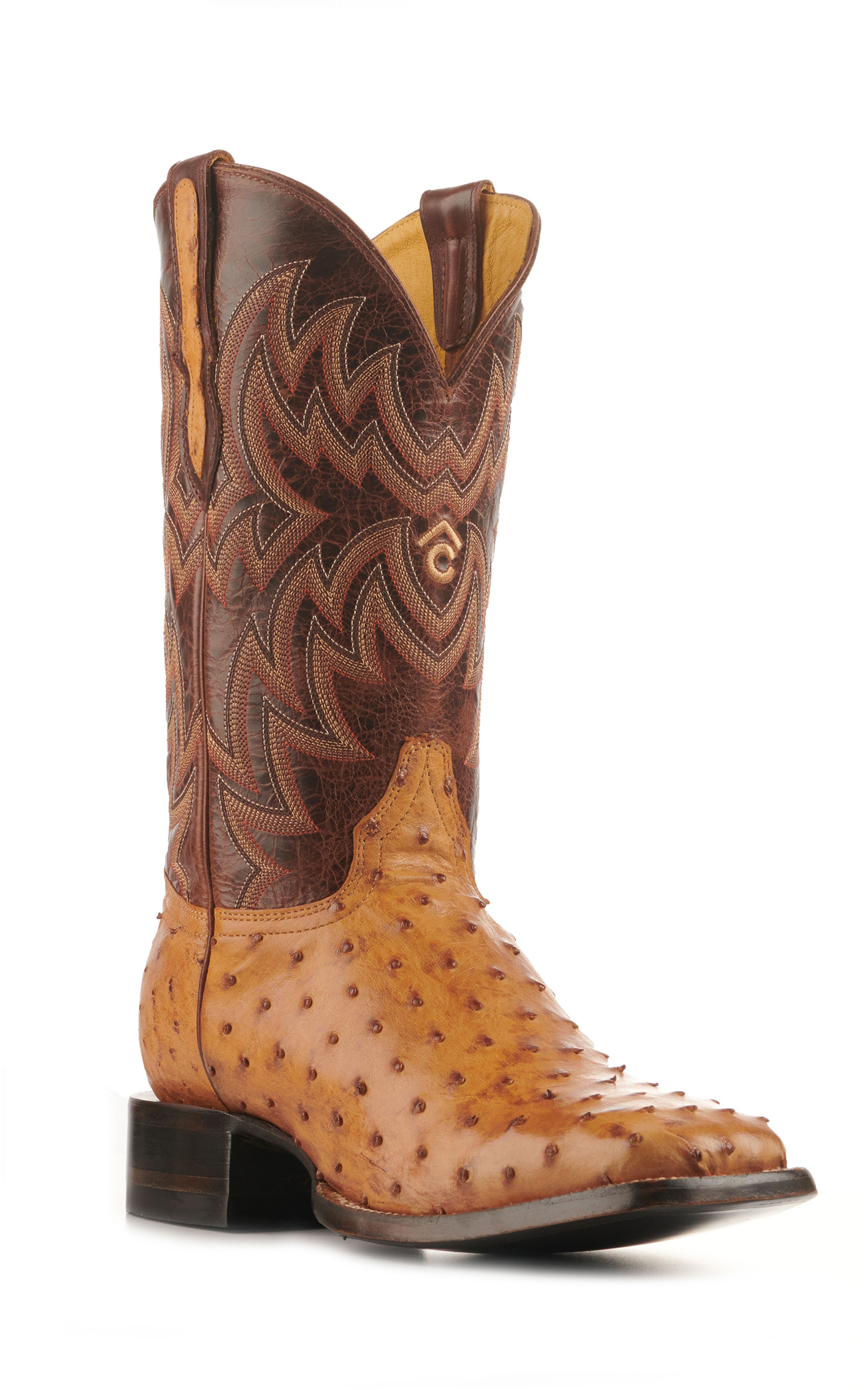 Cavender's Men's Saddle Brown and Straw Full Quill Ostrich Rafter C Wide Square Toe Exotic Cowboy Boots - Image 1