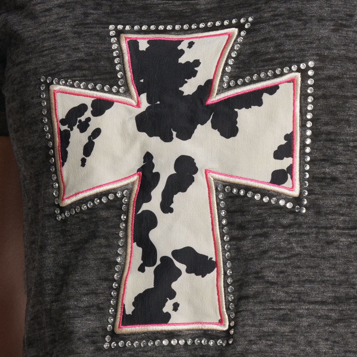 Cowgirl Hardware Women’s Black Cow Print Sparkle Cross T-Shirt - Image 1