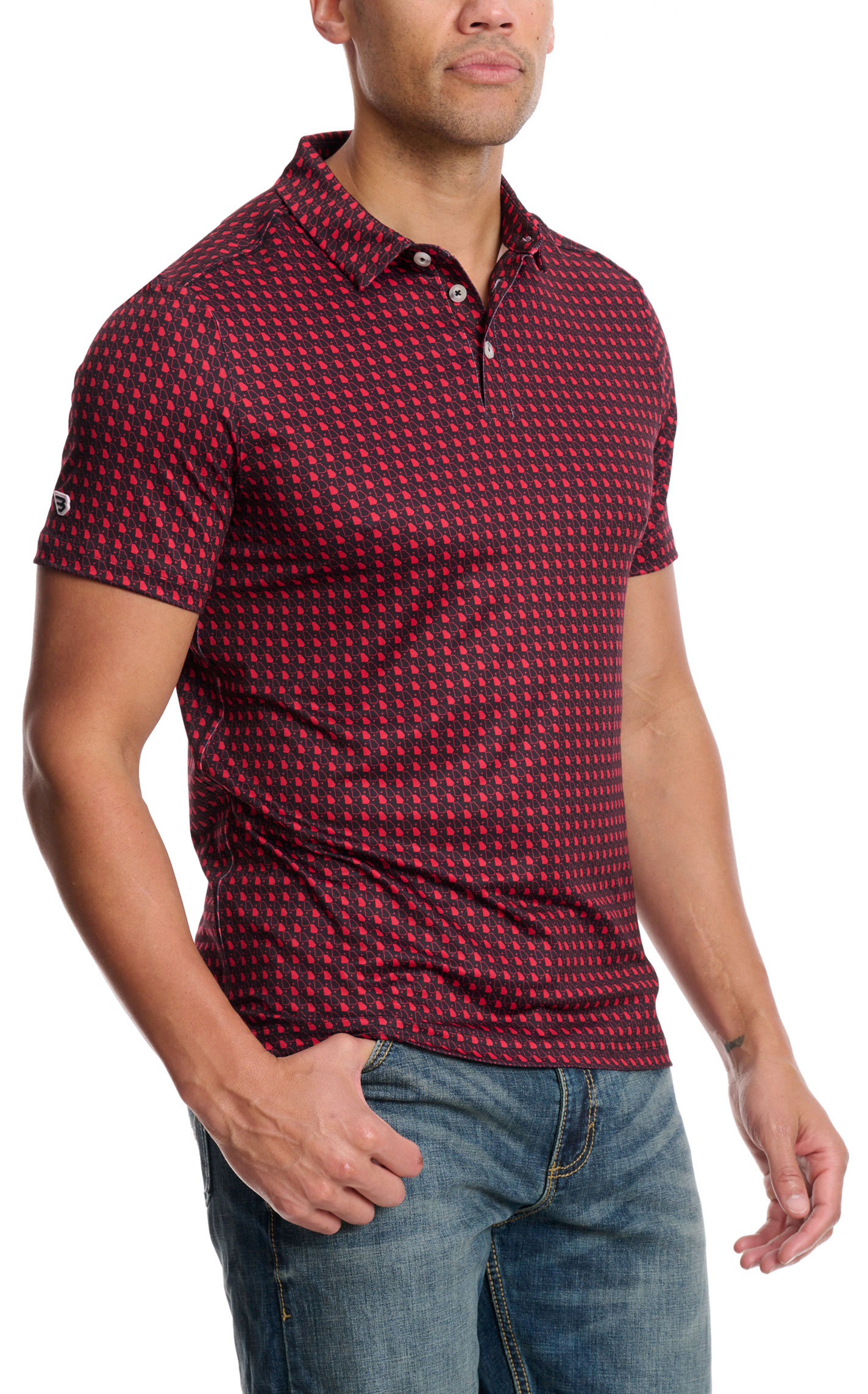 BURLEBO Men's Red & Black Geo Print Performance Polo - Image 1