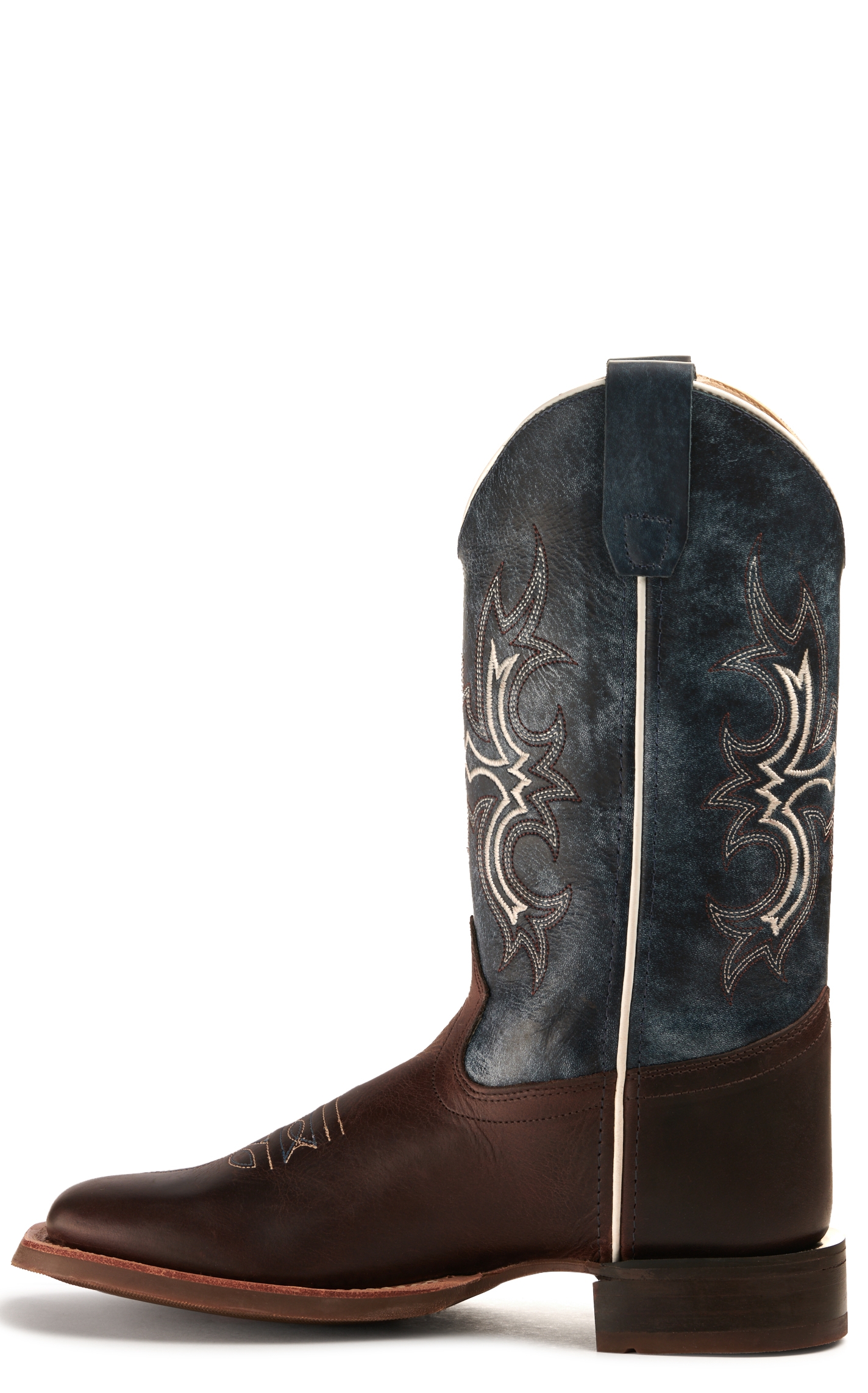 Old West Youth Dark Brown and Wipe Out Blue Wide Square Toe Cowboy Boot - Image 1