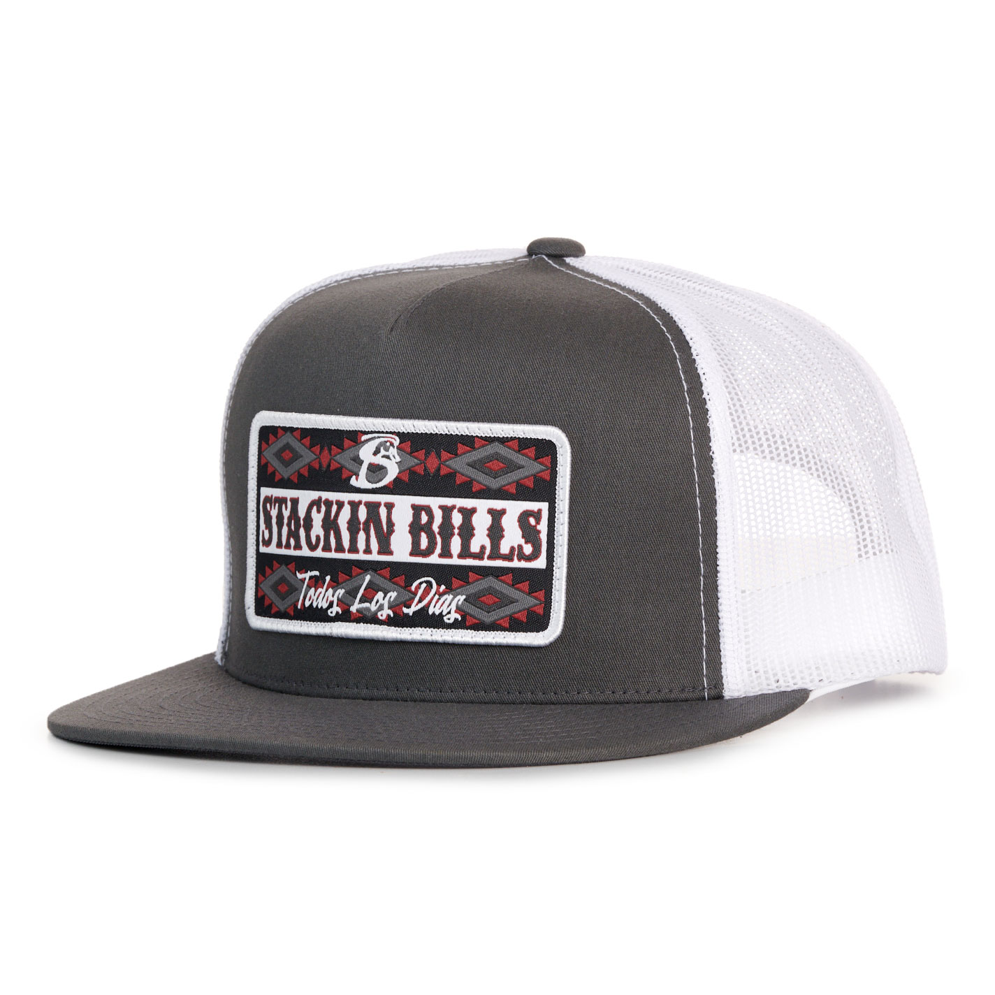 Stackin Bills Tribal Charcoal & White 5 Panel Flat Bill Cap - Image 1