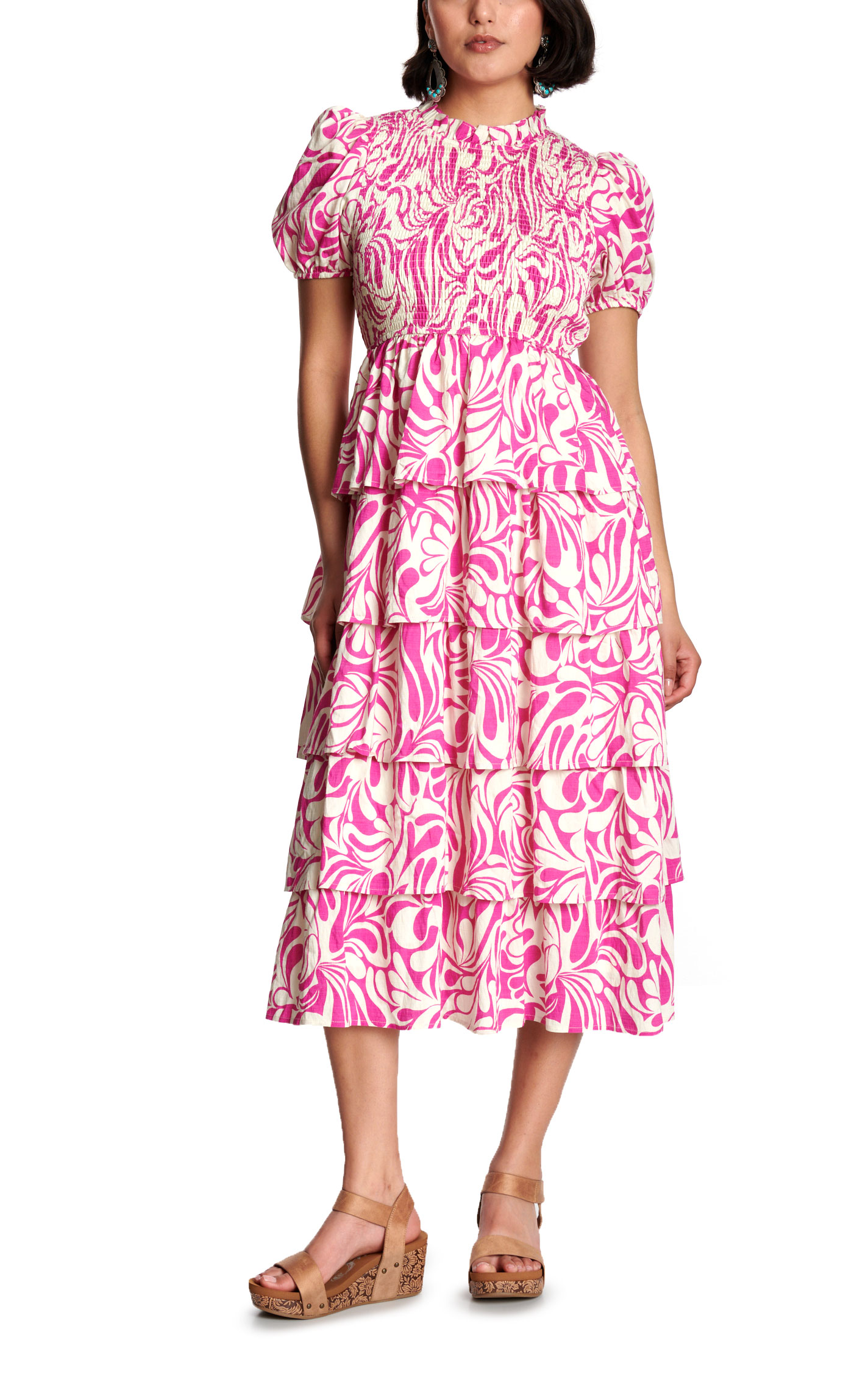 TCEC Women's Pink Paisley Tiered Ruffle Dress - Image 1