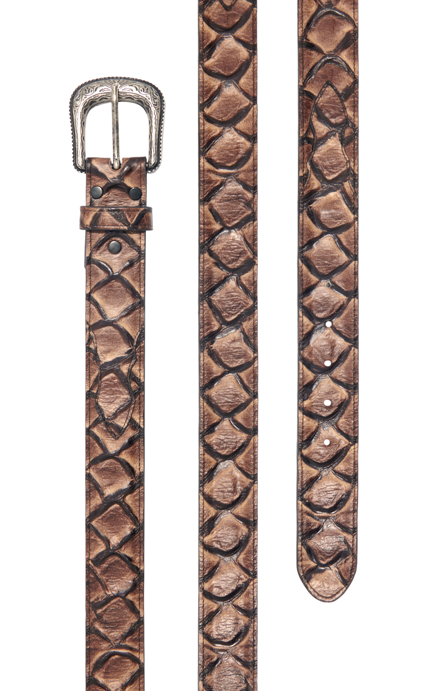 Cavender's Men's Oak Glazed Pirarucu Print Leather Belt with Silver Buckle - Image 1