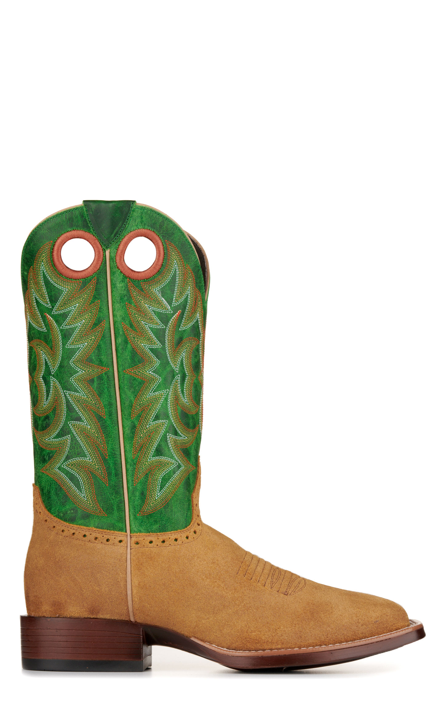 Cavender's Men's Cognac Roughout and Green Feather Weight Wide Square Toe Cowboy Boots - Image 1