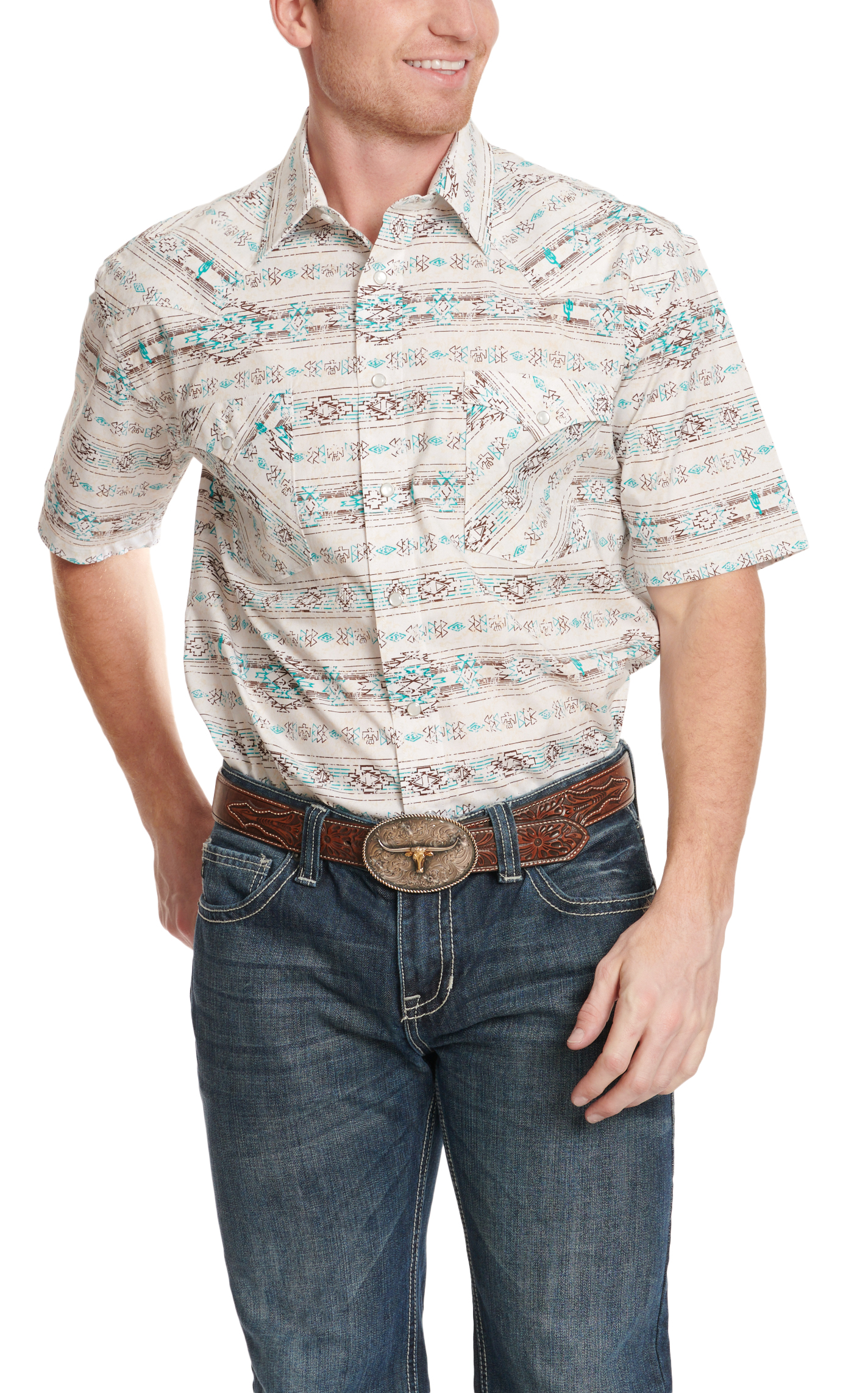 Panhandle Men's Rough Stock Turquoise & Chocolate Aztec Short Sleeve Western Shirt - Image 1