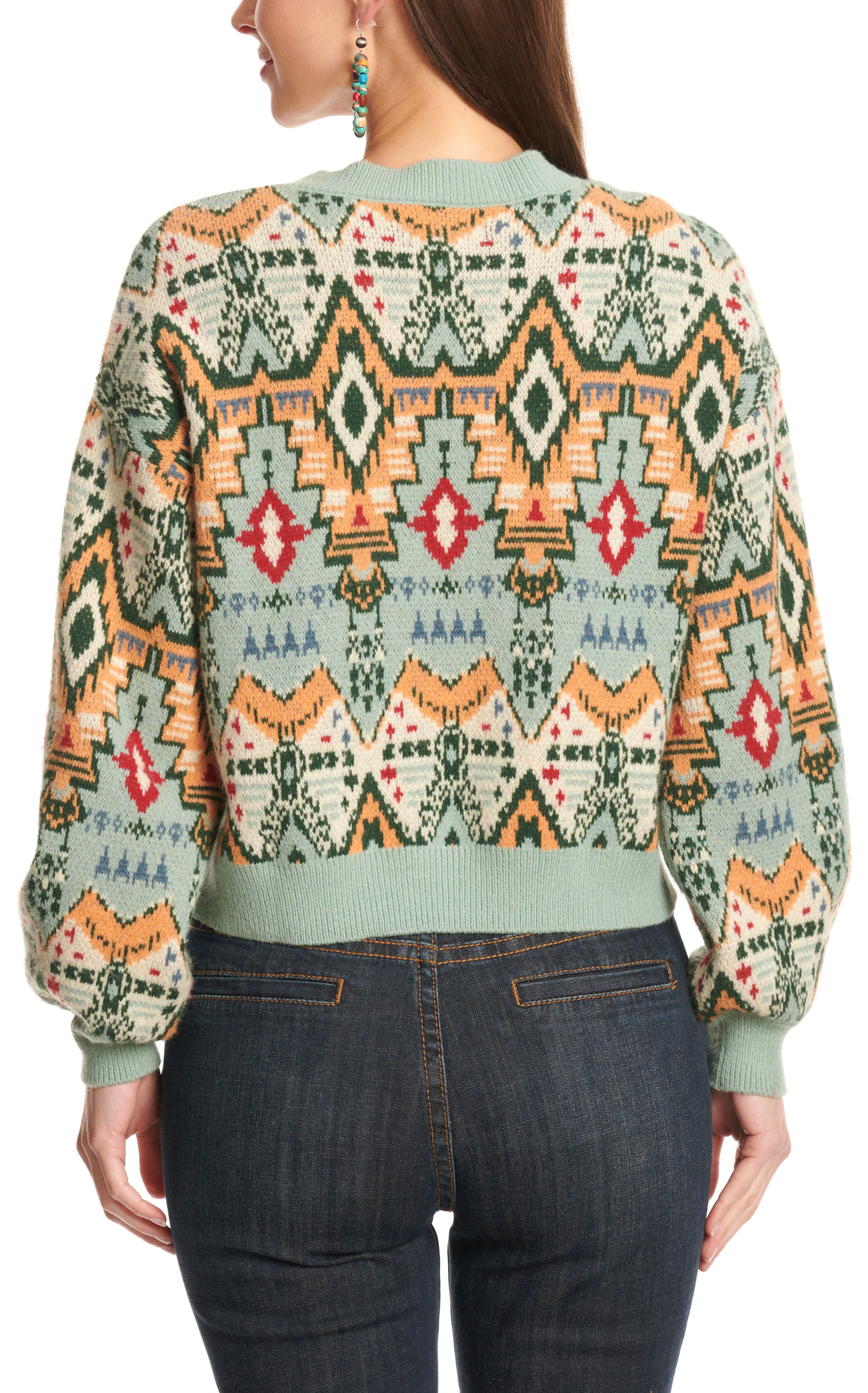 Rock & Roll Denim Women's Sea Green & Colorful Aztec Sleeve Sweater - Image 1