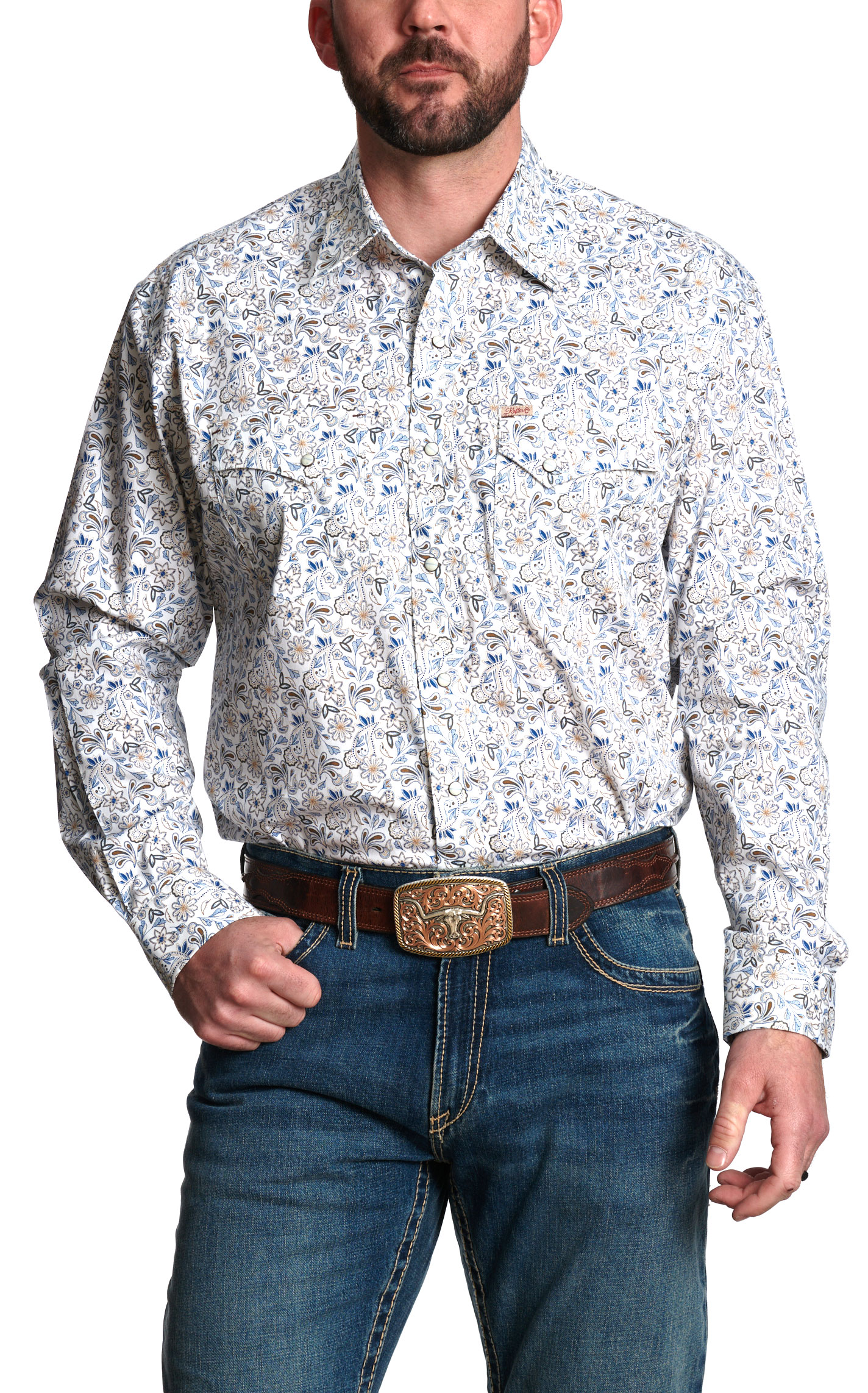 Rafter C Men's ProFlex45 Navy & Chocolate Floral Print Western Shirt - Image 1