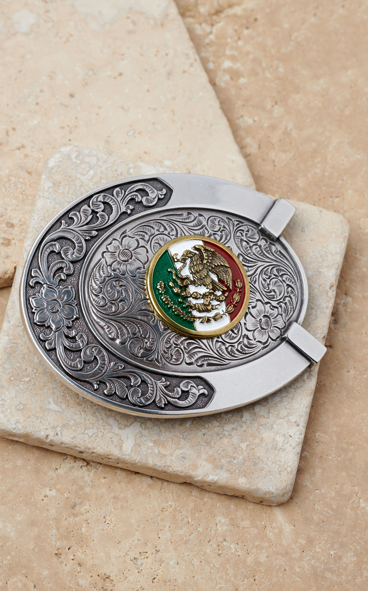 Ariat Silver Horseshoe Oval with Etched Scrolling and Mexico Flag Medallion Belt Buckle - Image 1