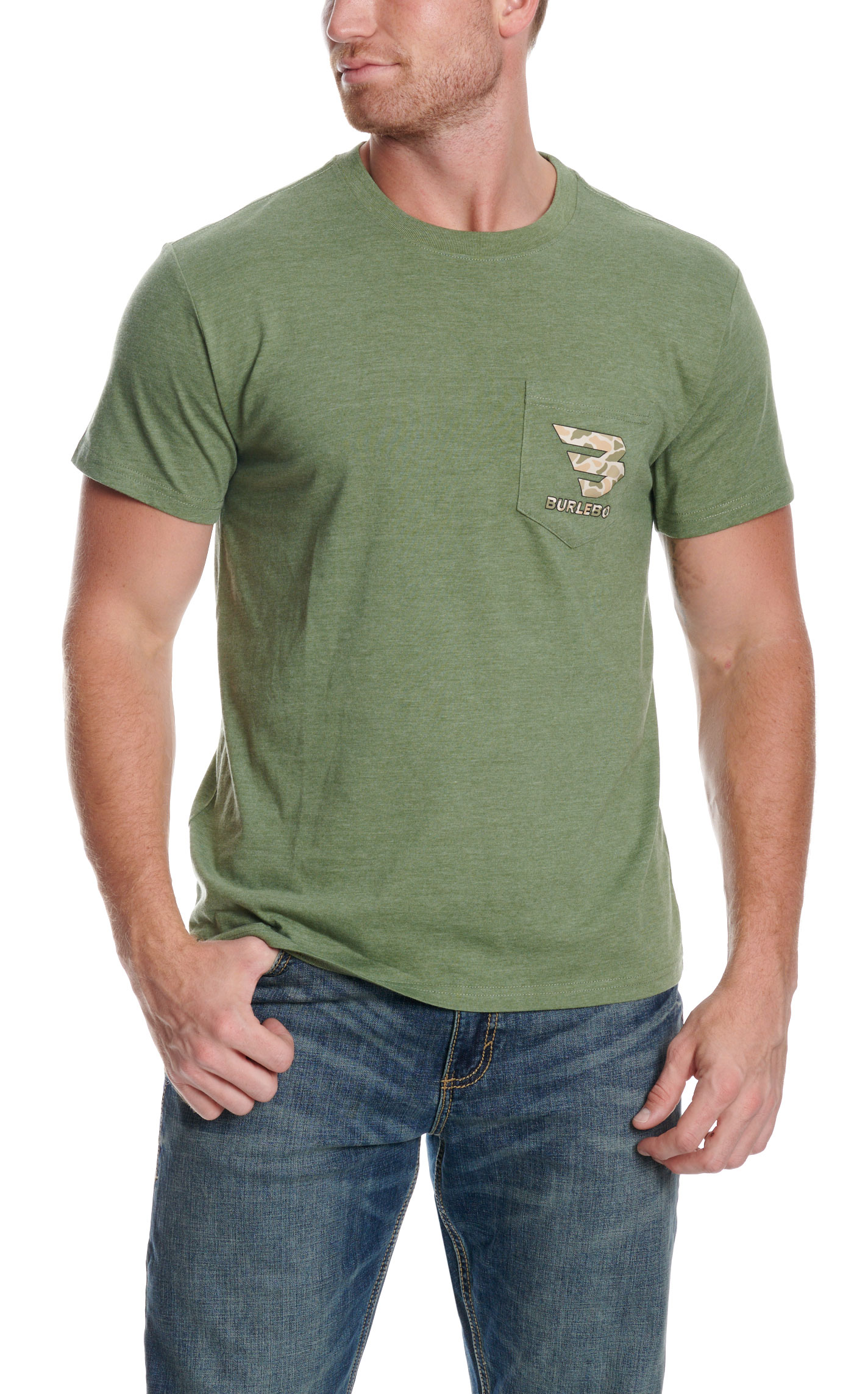 Burlebo Men's Heather Olive Mallard Camo Dog Graphic T-Shirt - Image 1
