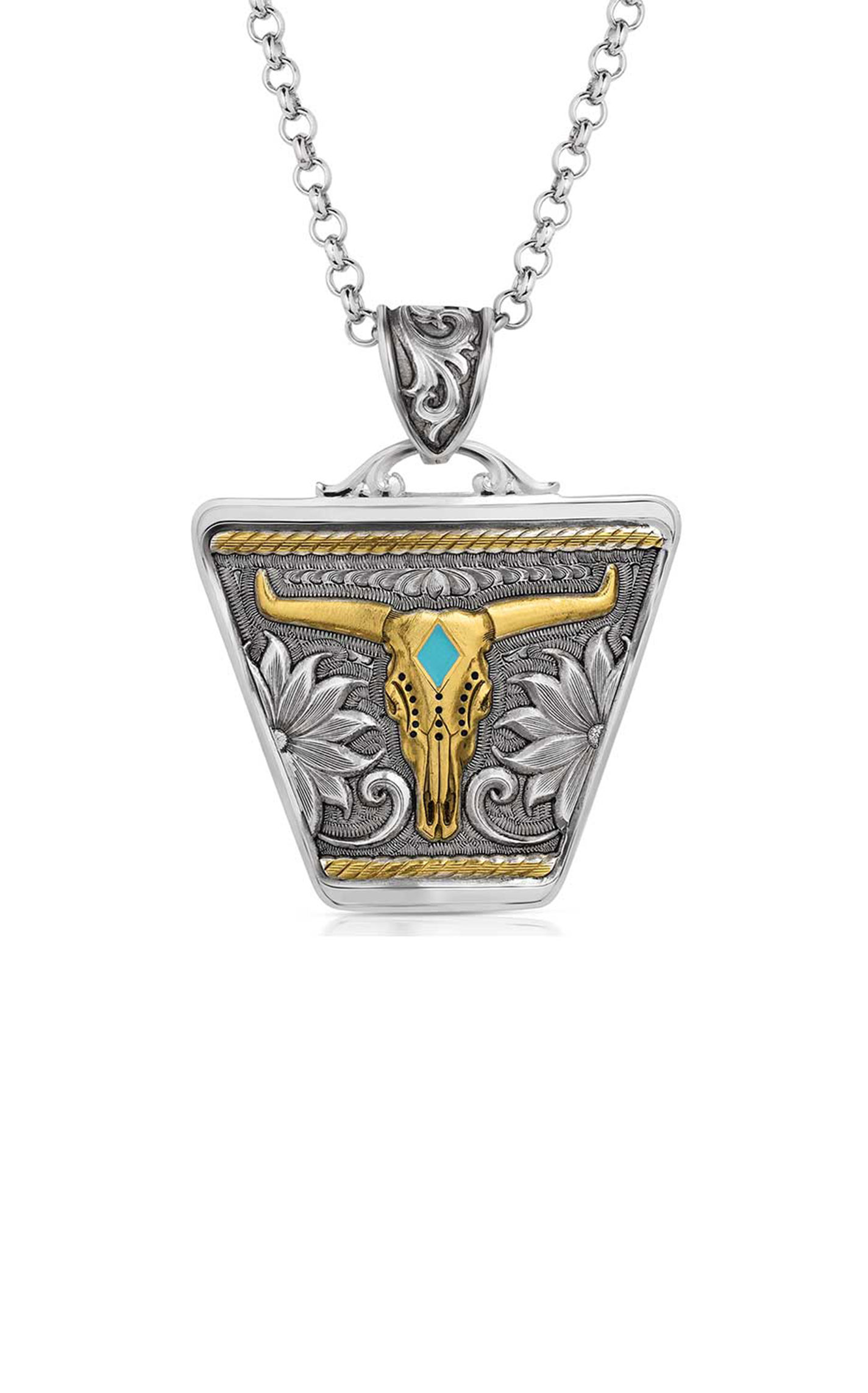 Montana Silversmiths Retro Silver & Gold Steer Skull Necklace - Image 1