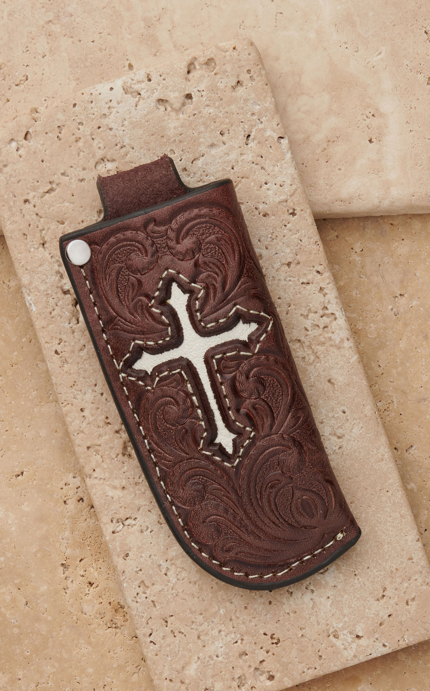 Nocona Brown Floral Embossed with Ivory Cross Inlay Knife Sheath - Image 1
