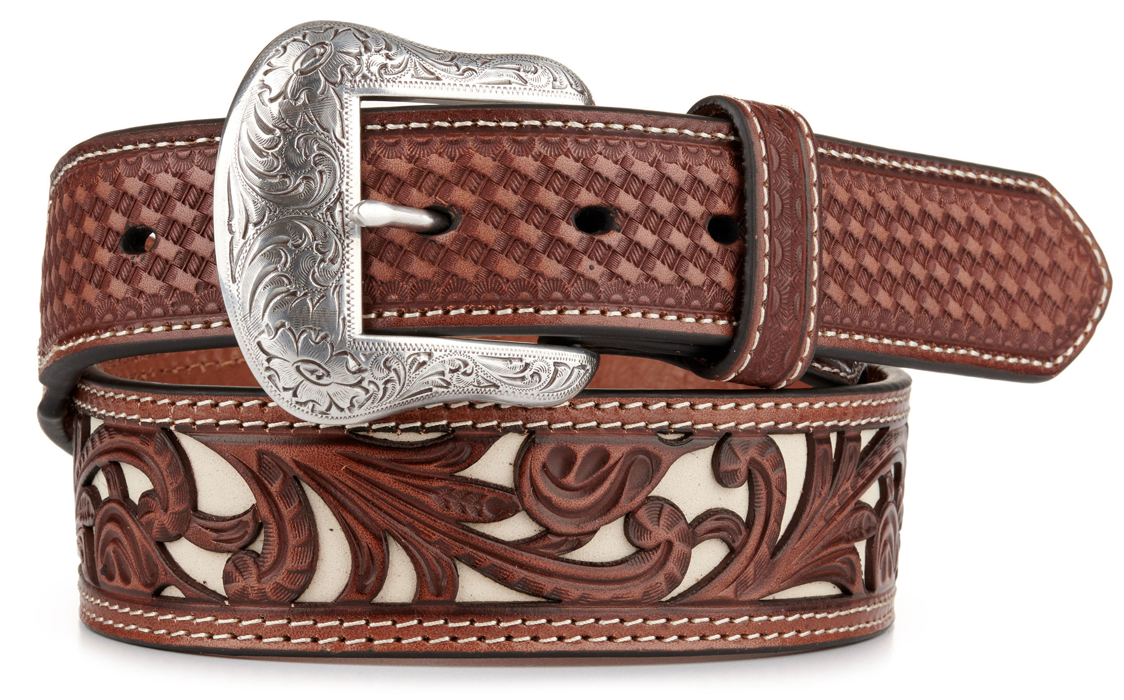 Nocona Men's Brown with Ivory Inlay Tooled Western Belt - Image 1