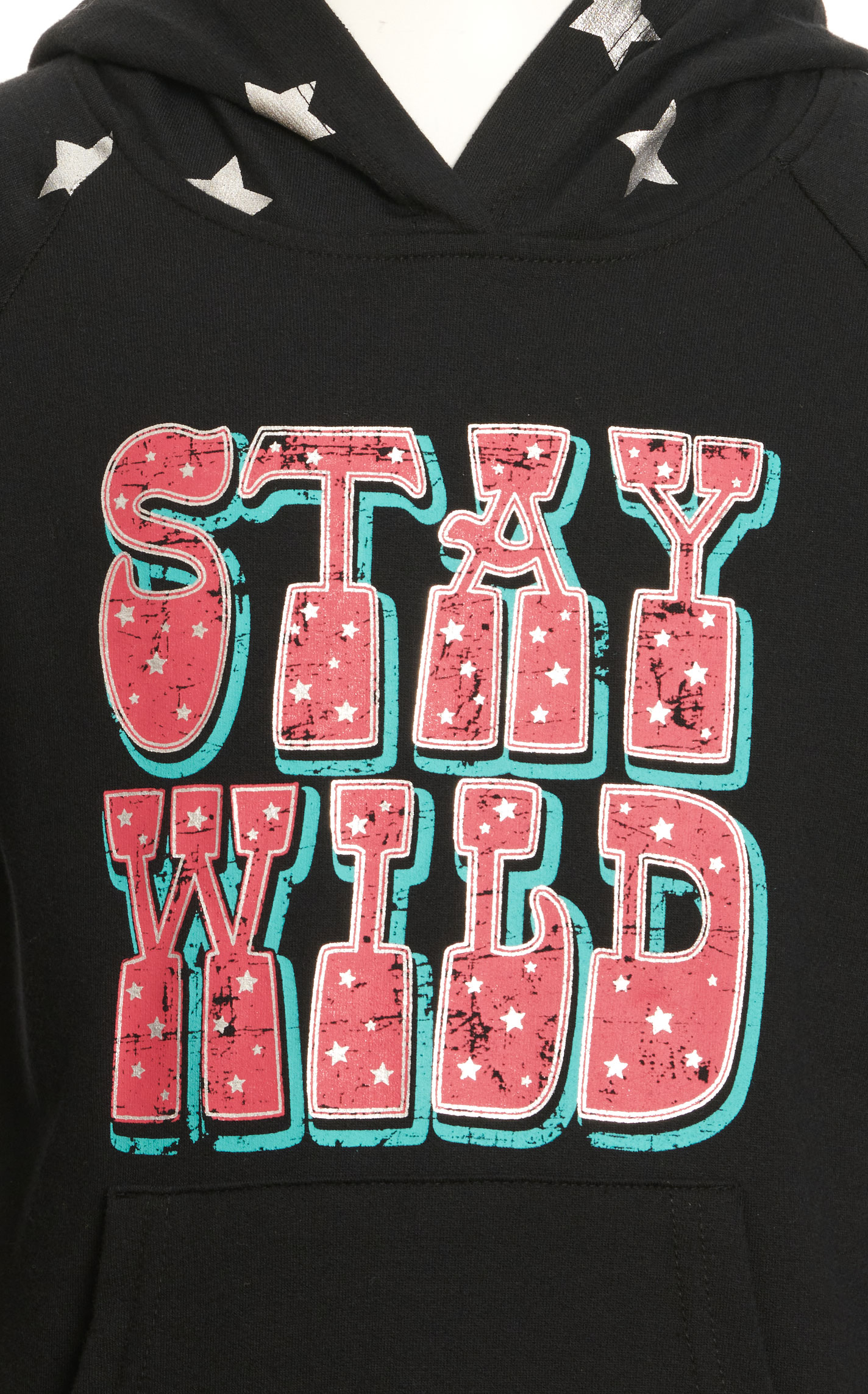 Rock & Roll Denim Black Metallic Stars Stay Wild Graphic Hoodie - Image 1