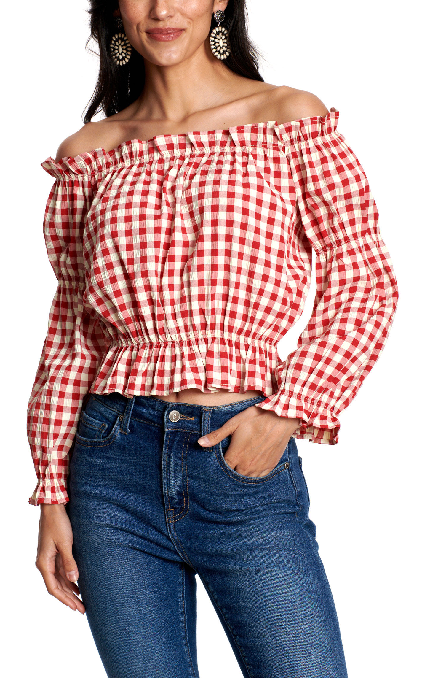 Rockin C Women's Cherries & Cream Gingham Off Shoulder Top - Image 1