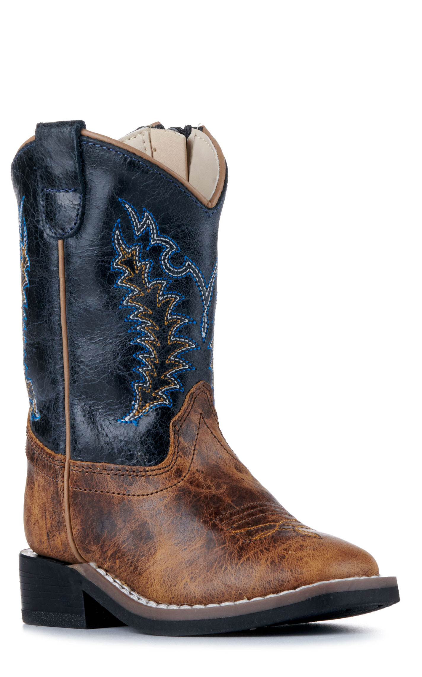 Old West Toddler Burnt Tan and Navy Blue Wide Square Toe Cowboy Boots - Image 1