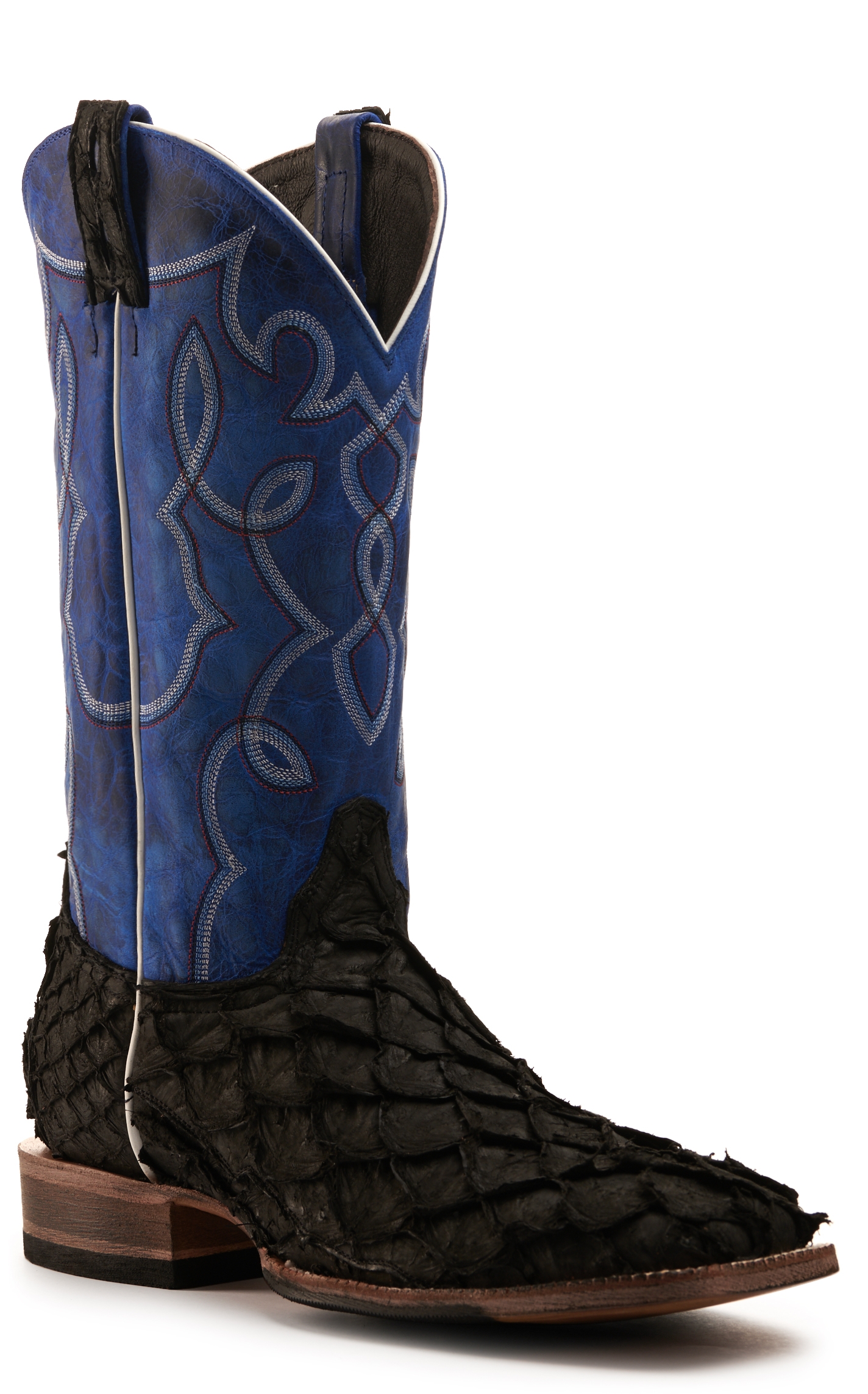 Cavender's Men's Black Nubuck Pirarucu with Blue Cowhide Wide Square Toe Exotic Cowboy Boot - Image 1