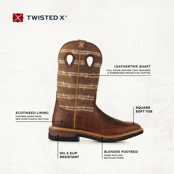 Twisted X Men's Rustic Brown and Tan Barbed Wire CellStretch Square Toe Work Boots - Image 1