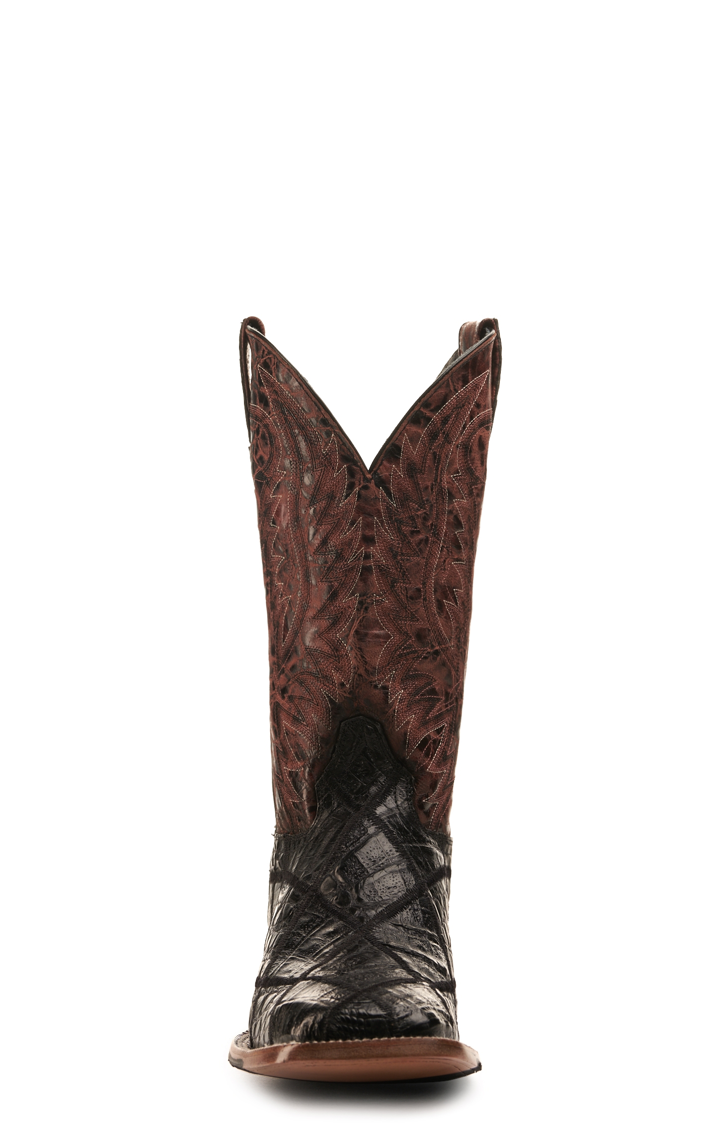 Cavender's Men's Black Caiman Patchwork and Wine Wide Square Toe Exotic Cowboy Boots - Image 1
