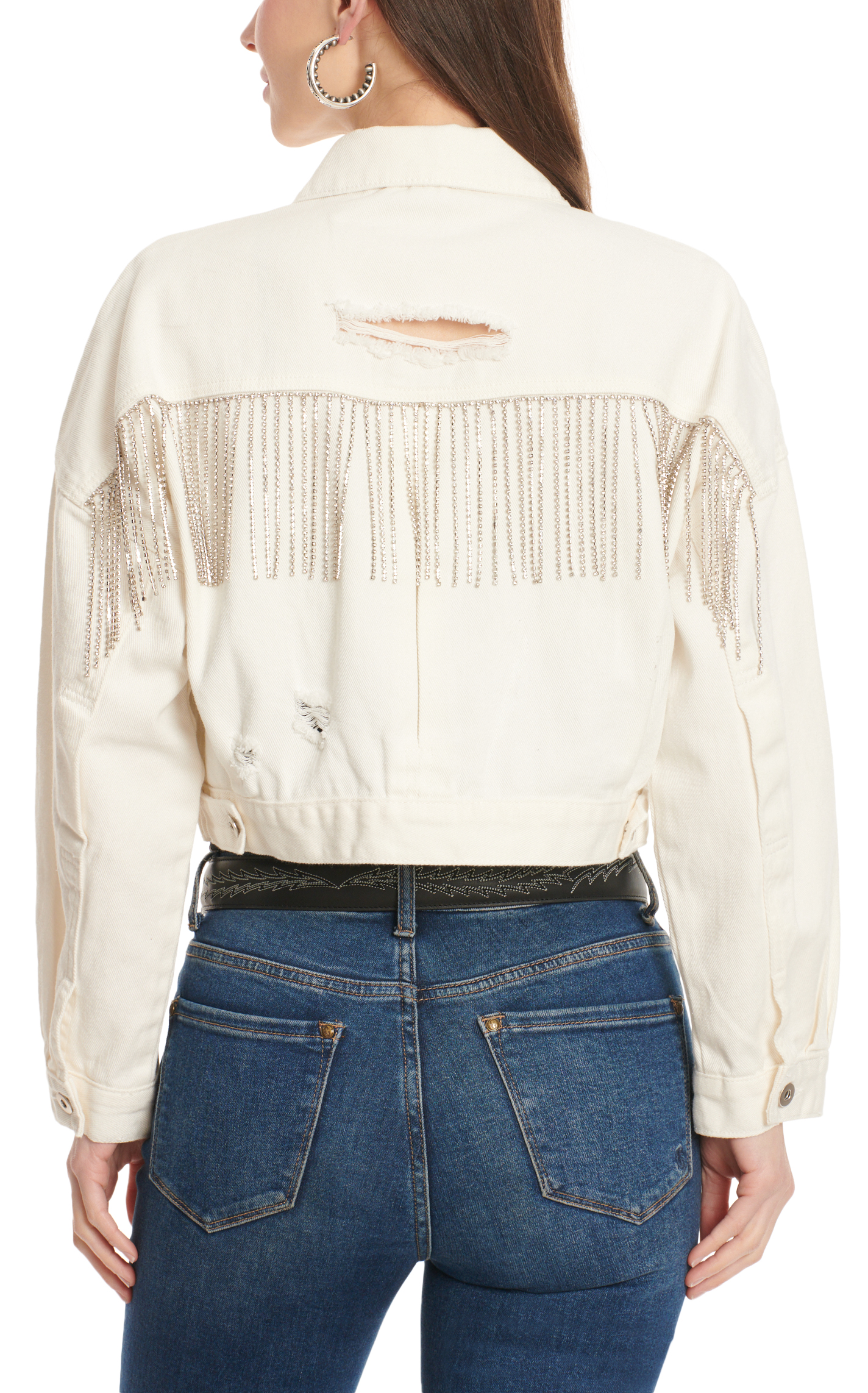 Blue B Women's White Distressed Denim & Metallic Fringe Cropped Jacket - Image 1