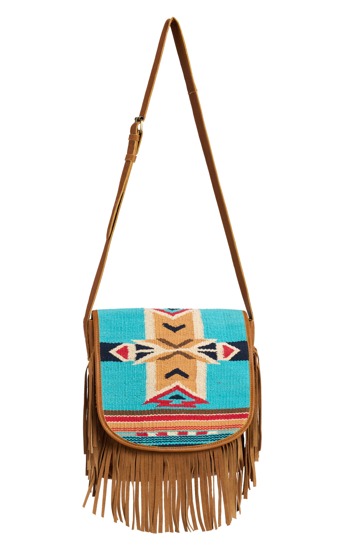 Montana Clothing Co. Tan & Turquoise Aztec Crossbody Saddle Bag - Image 1