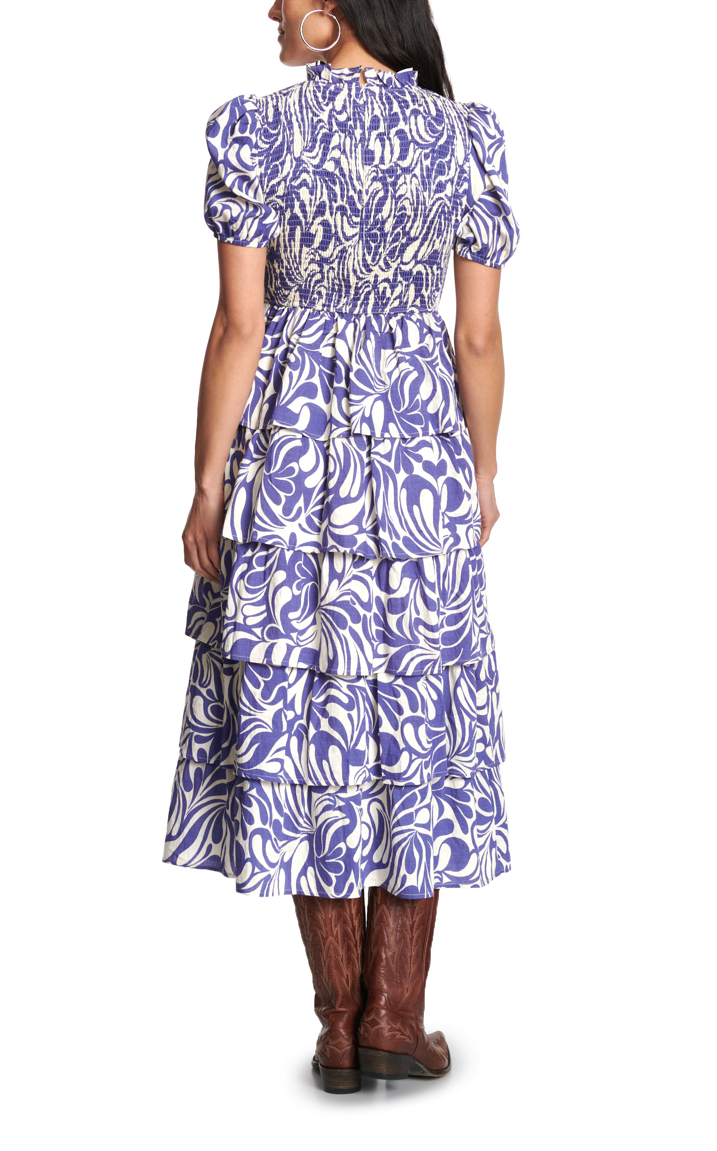 TCEC Women's Blue & White Floral Smocked & Tiered Dress - Image 1