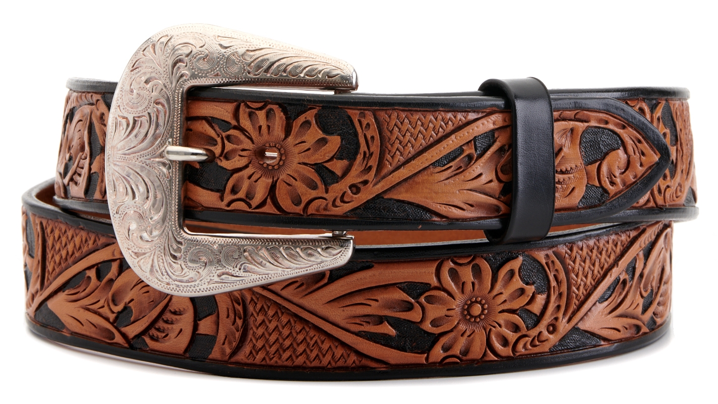 Vogt Men's Russet Brown and Black Floral Tooled Western Belt - Image 1