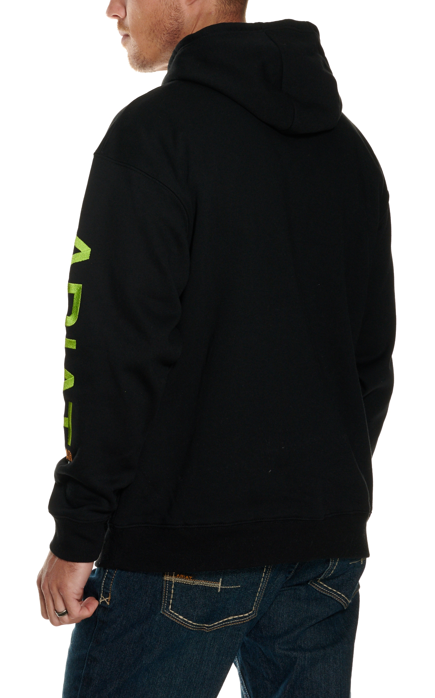 Ariat Men's Rebar 10 OZ All Weather Black with Lime Green Logo Work Hoodie - Image 1
