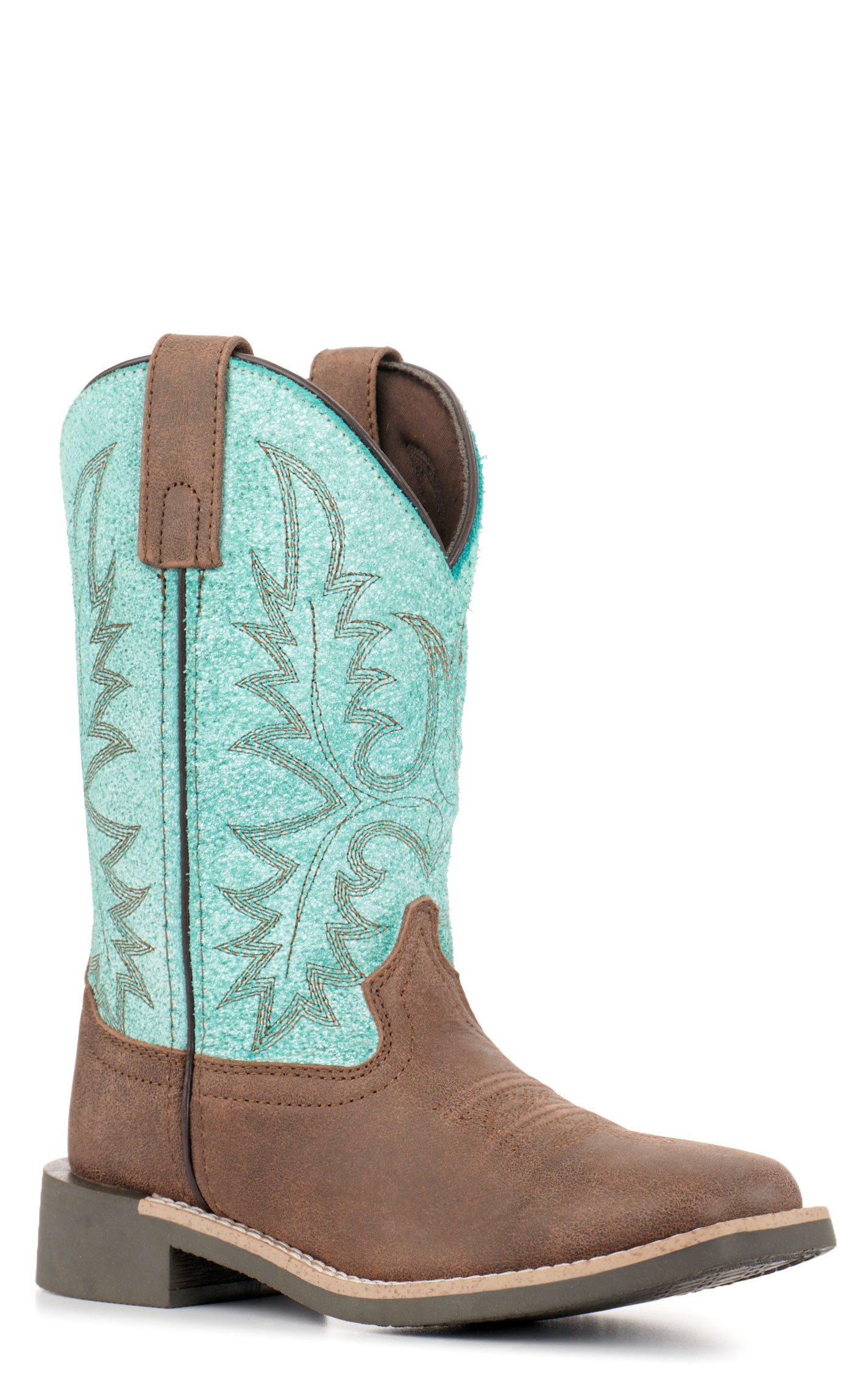Smoky Mountain Youth Rustic Rider Dark Brown and Turquoise Wide Square Toe Cowboy Boots - Image 1