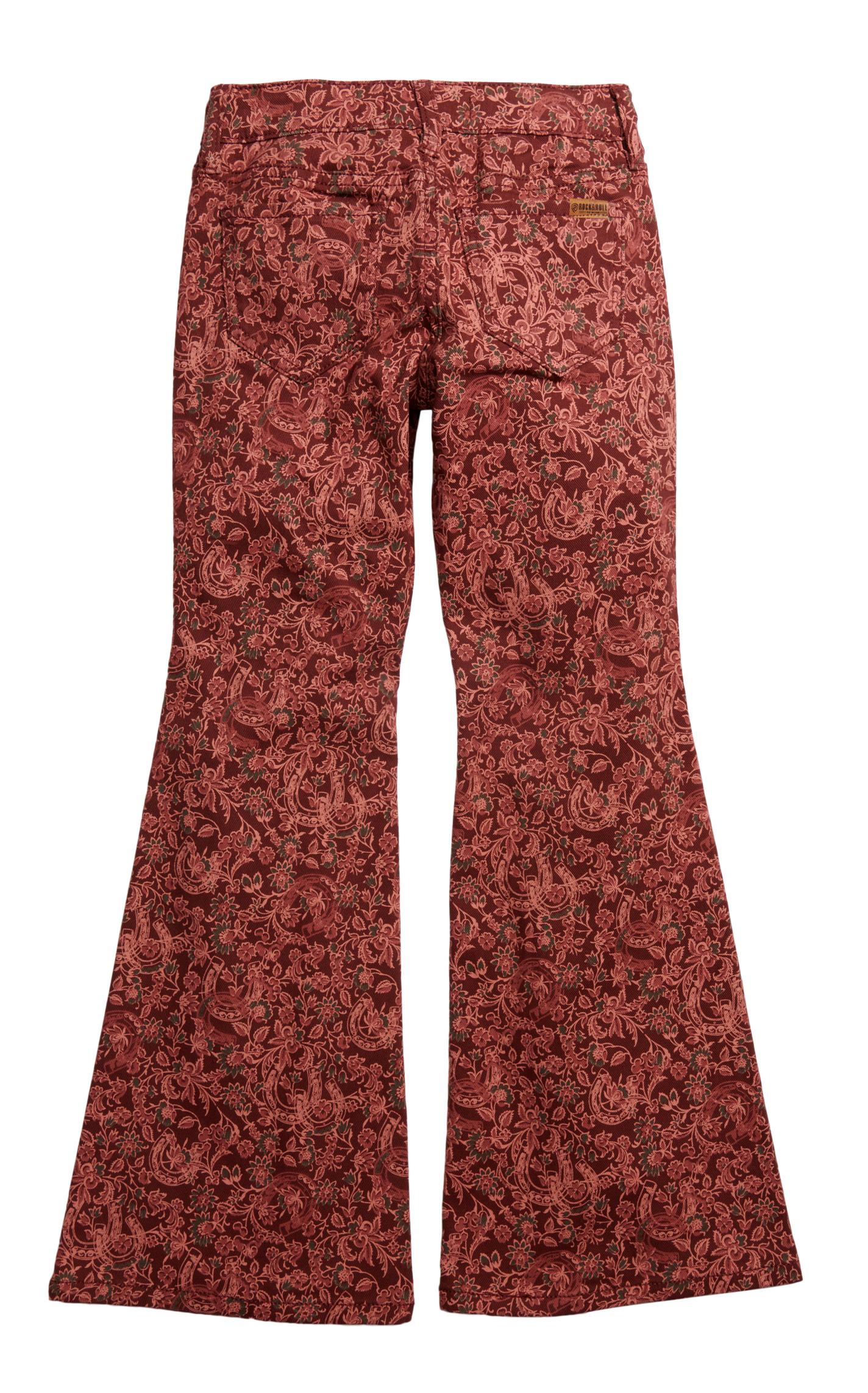 Rock & Roll Denim Girl's Burgundy & Floral Horseshoe Button Flare Leg Jeans - Image 1