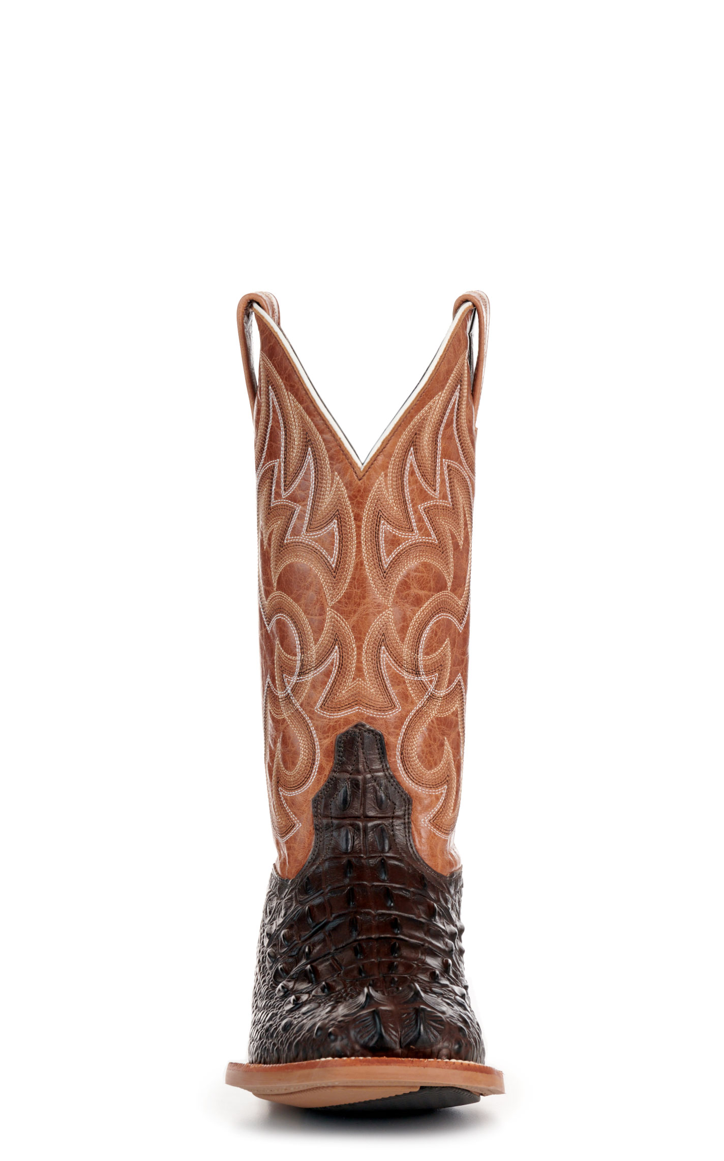 Cavender's Men's Intrepid Chocolate Hornback Alligator Print and Gray Wide Square Toe Cowboy Boot - Image 1