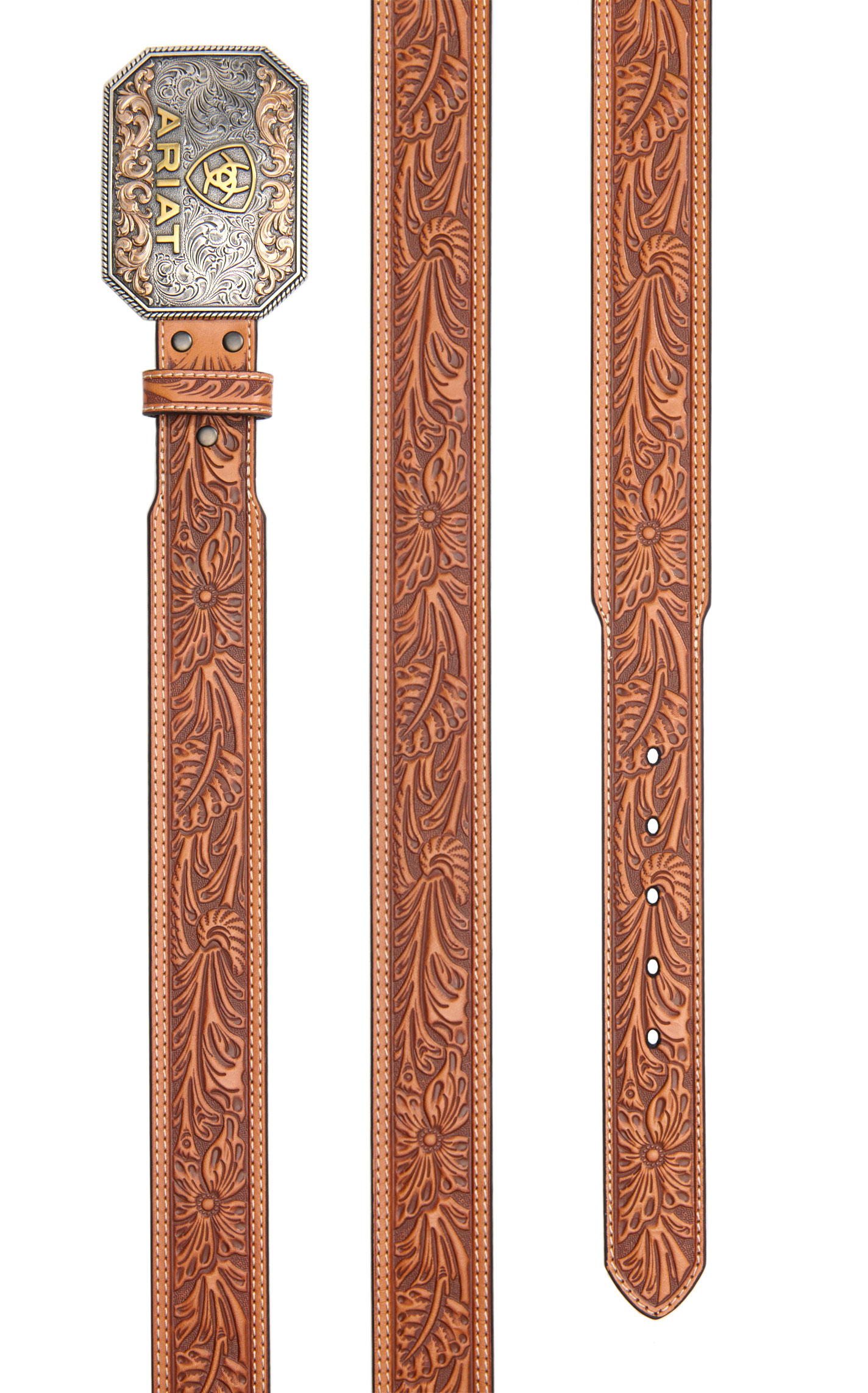 Ariat Men's 3 Metal Etched Buckle & Brown Genuine Leather Tooled Belt - Image 1