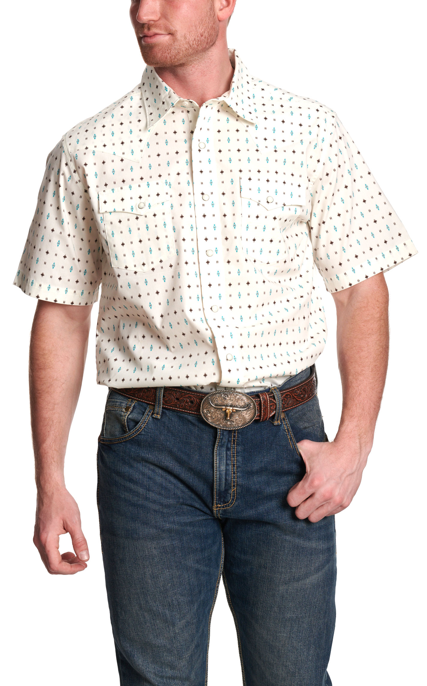 Wrangler Retro Men's White & Turquoise Geo Print Western Shirt - Image 1