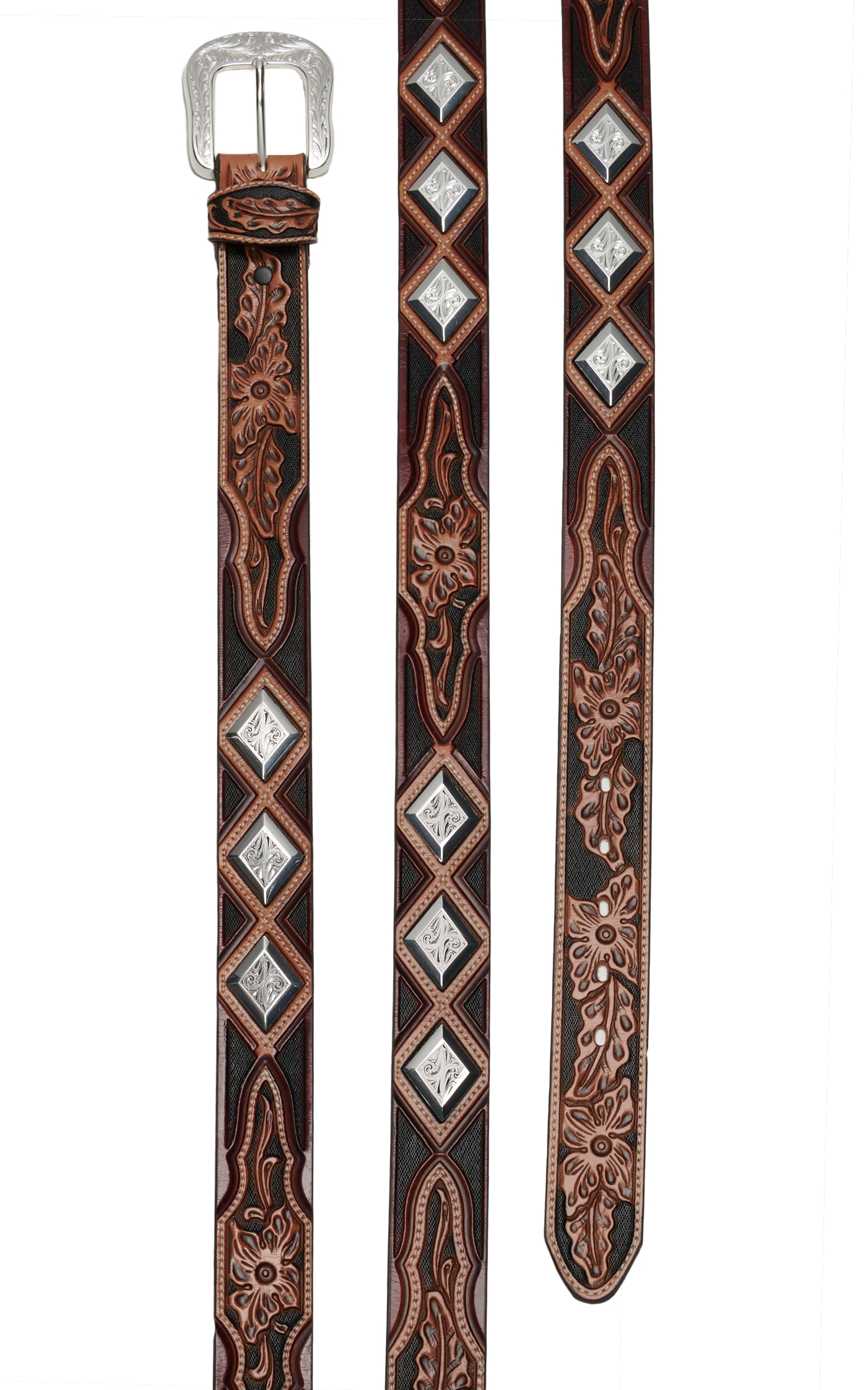 Tony Lama Men's Brown with Silver Metal Diamond Conchos Western Belt - Image 1