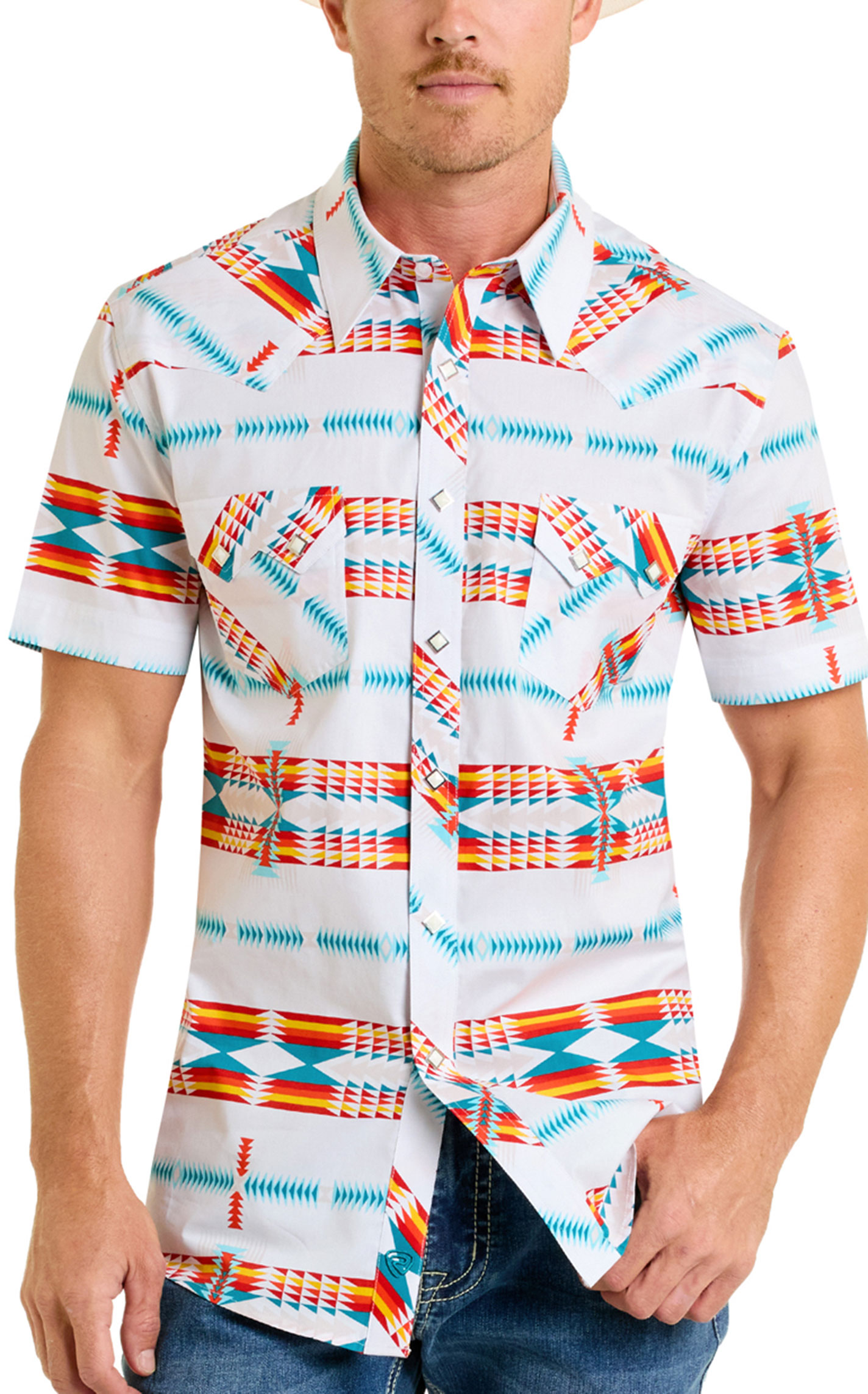 Rock & Roll Denim Men's White & Multi Aztec Print Shirt - Image 1