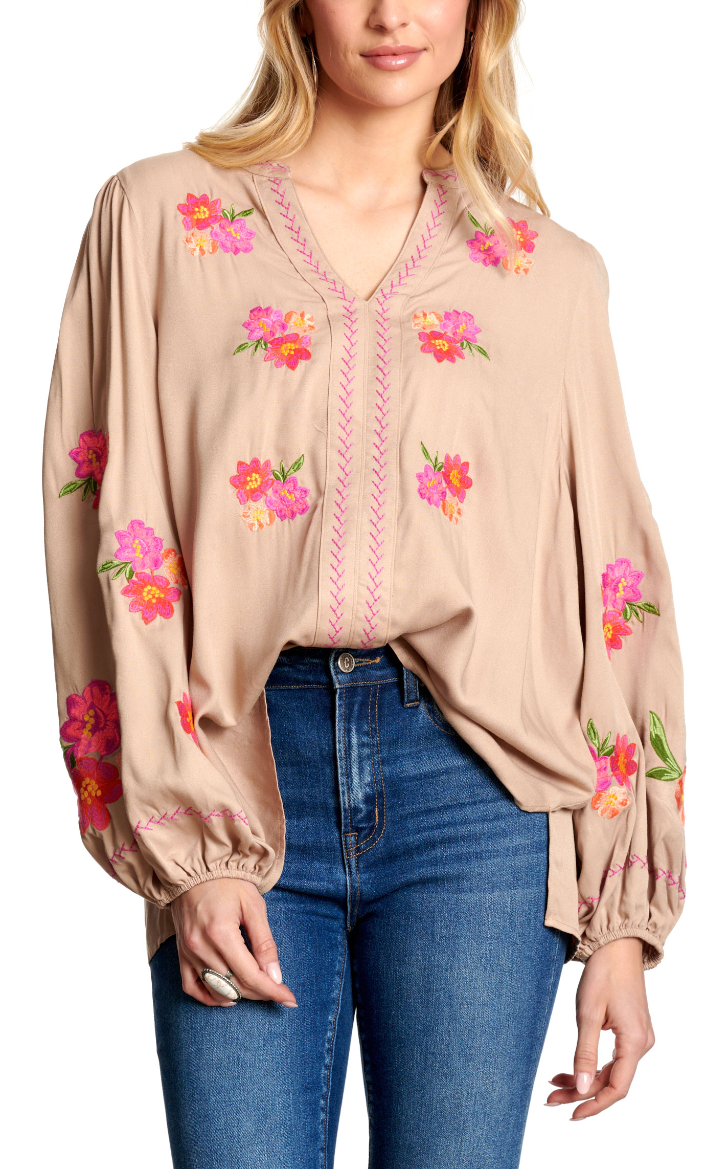 Rockin C Women's Tan With Floral Embroidery Top - Image 1