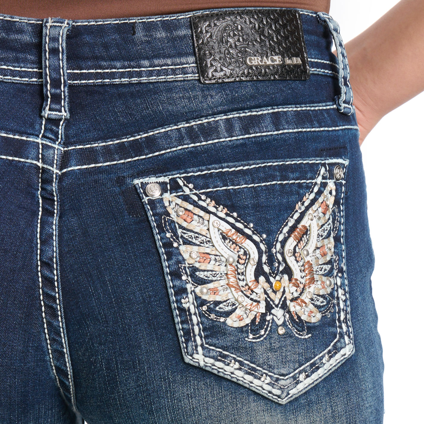 Grace in LA Women's Medium Wash Bling Wings Boot Cut Jeans - Plus Sizes - Image 1